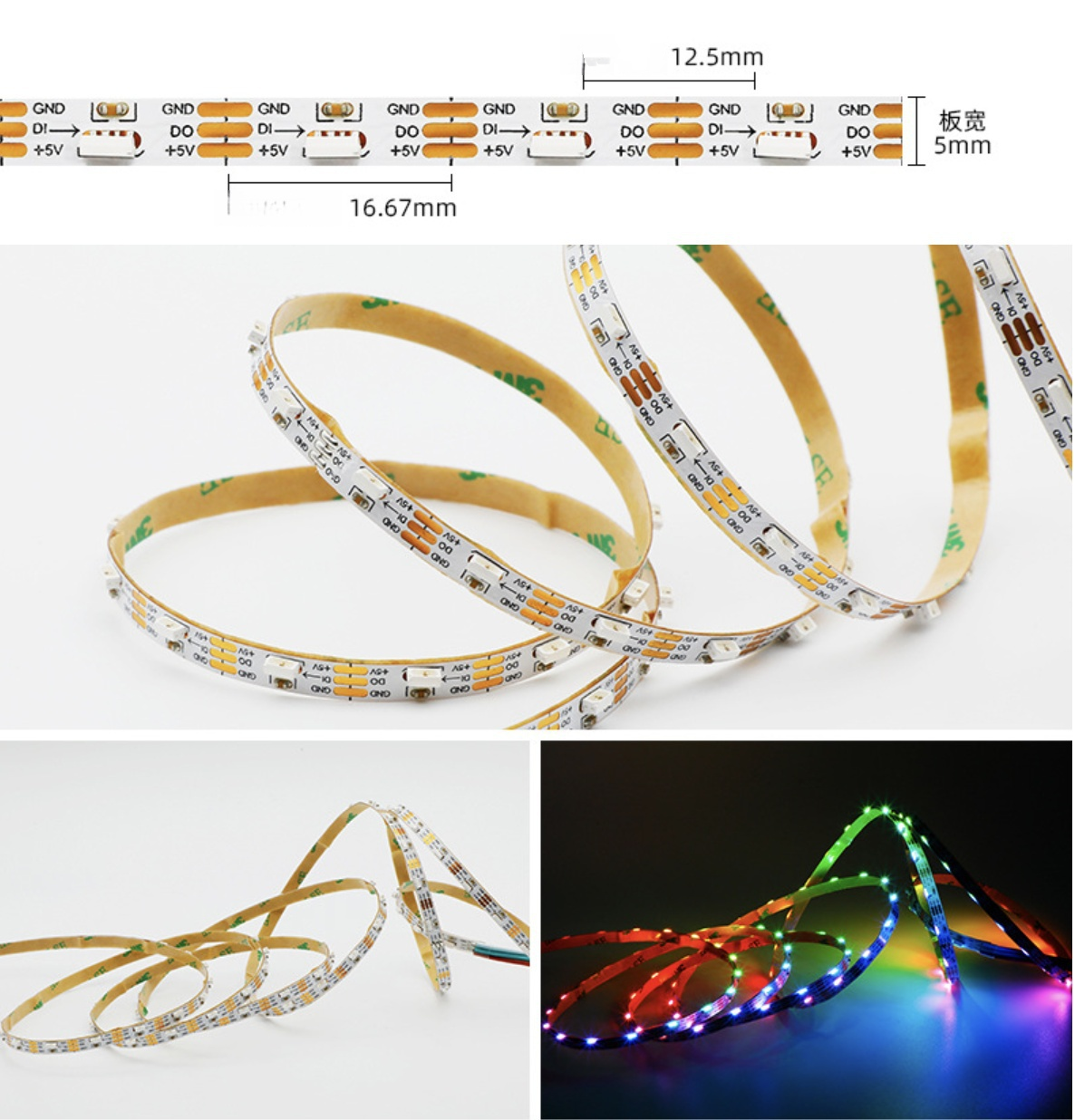 WS2812 Side Emitting RGBIC LED Strip Light - DC5V / 12V | 5mm PCB | SMD4040 Individually Addressable | 60 LEDs/M | White PCB | Non-Waterproof | Flowing Multicolor LED Strip for Party, Decoration, Home DIY Lighting Projects | 5/50M