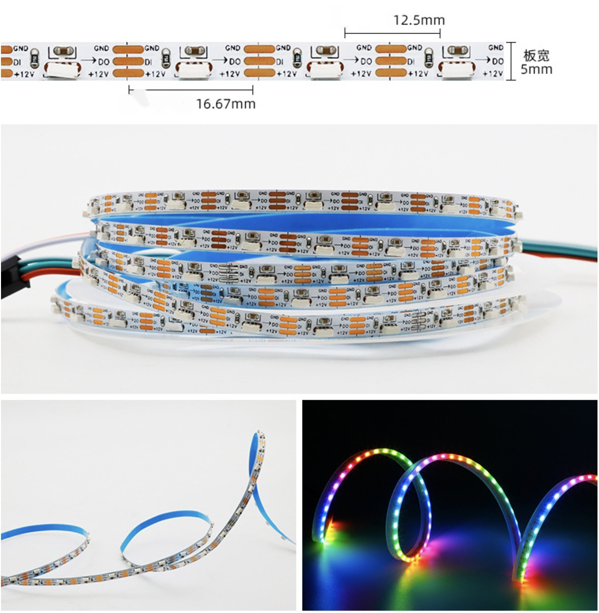 WS2812 Side Emitting RGBIC LED Strip Light - DC5V / 12V | 5mm PCB | SMD4040 Individually Addressable | 60 LEDs/M | White PCB | Non-Waterproof | Flowing Multicolor LED Strip for Party, Decoration, Home DIY Lighting Projects | 5/50M