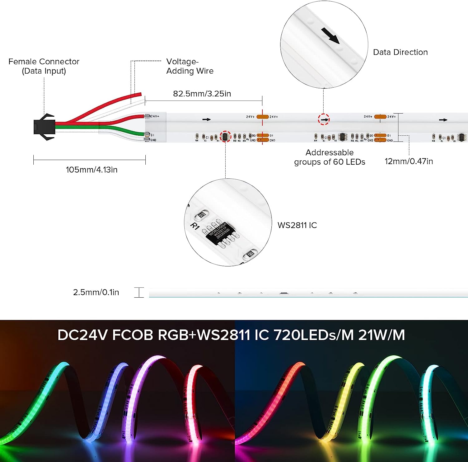 RGBIC Addressable COB Flexible LED Strip Light - 12V / 24V | 576 / 720 LEDs/m | Dream Color SP | 10mm PCB | Dot-Free Continuous Lighting | Non-Waterproof | for Cabinets, Kitchen & Office Lighting | 5/50M