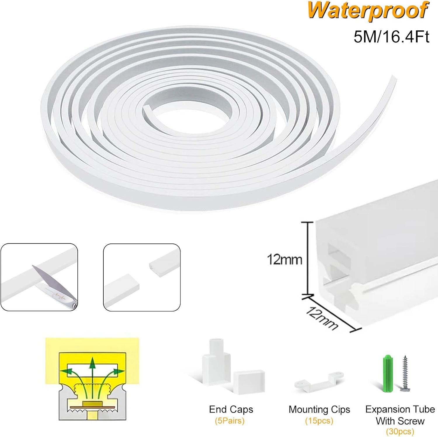Neon Light Housing – S1212 | 12x12mm Silicone LED Channel System | IP67 Waterproof | 8mm PCB Width | 164FT/50M
