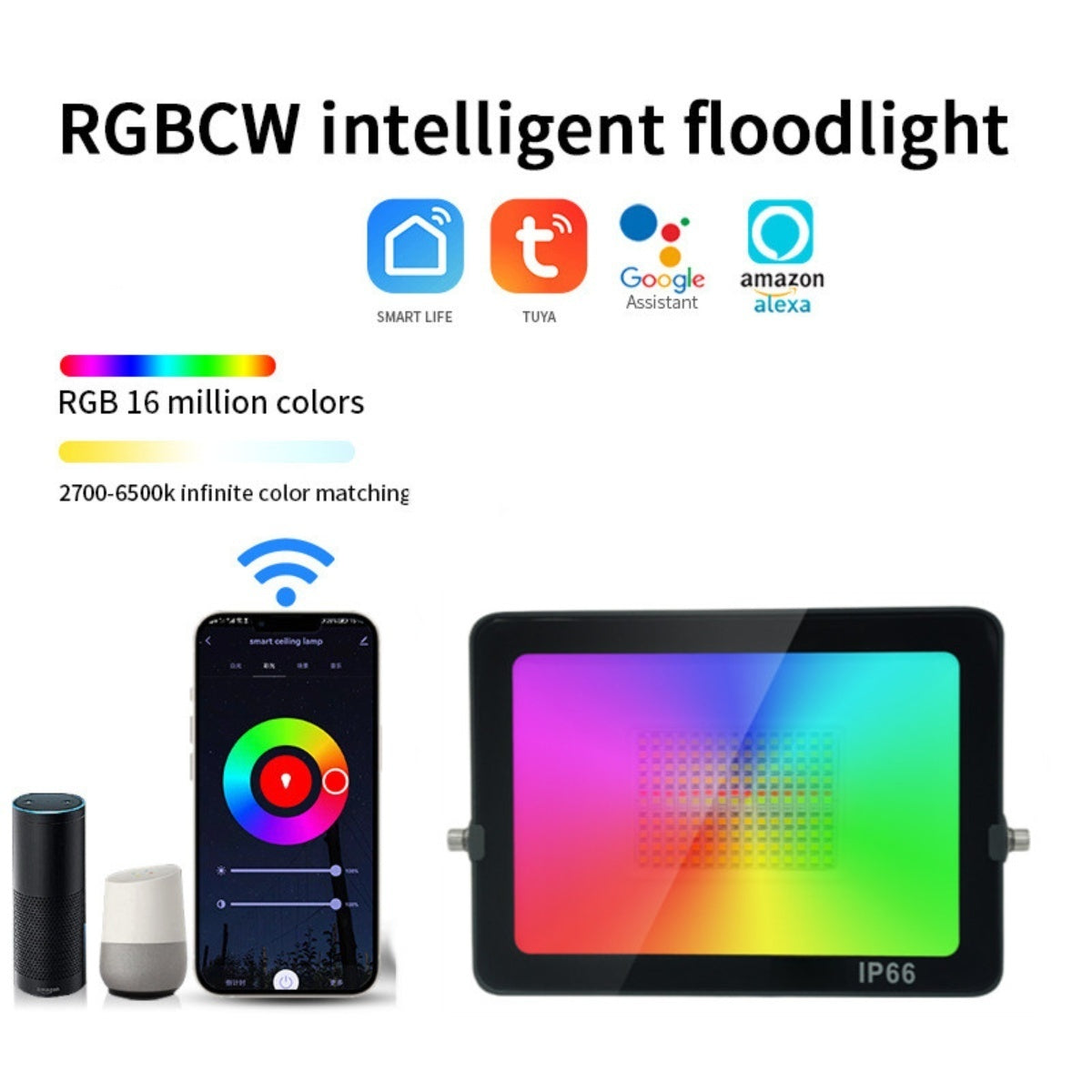 FL-SM Series Smart RGBCW LED Flood Light – 30W - 200W | Bluetooth / WiFi&Bluetooth APP | 2700K–6500K Tunable White + 16 Million Colors | IP66 Waterproof Landscape Light with Music Sync | Works with Alexa & Google Assistant | With Plug | 2 / 10-Pack