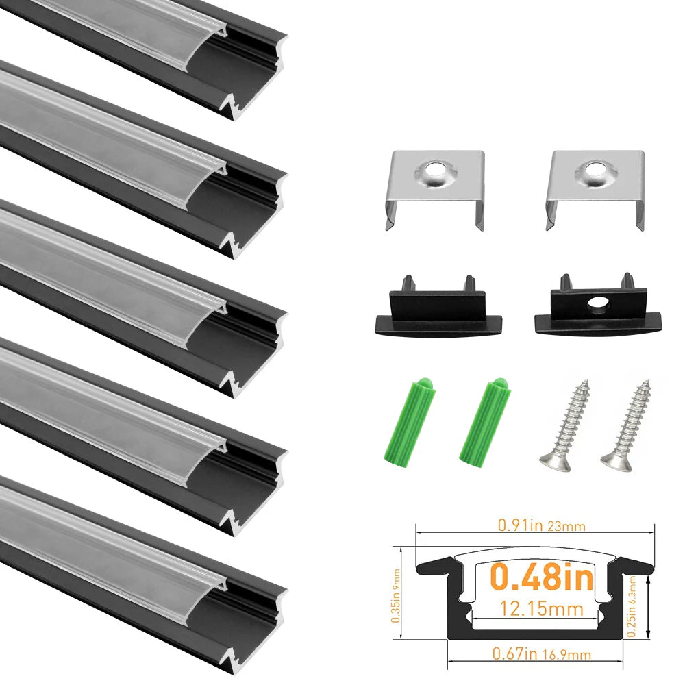 Profilé LED en U U01-A – 12 mm | Argenté / Noir | Cache blanc laiteux | Avec accessoires d'installation | Profilé aluminium robuste – 1 m / 2 m / 3 m | Paquet de 50 / 100