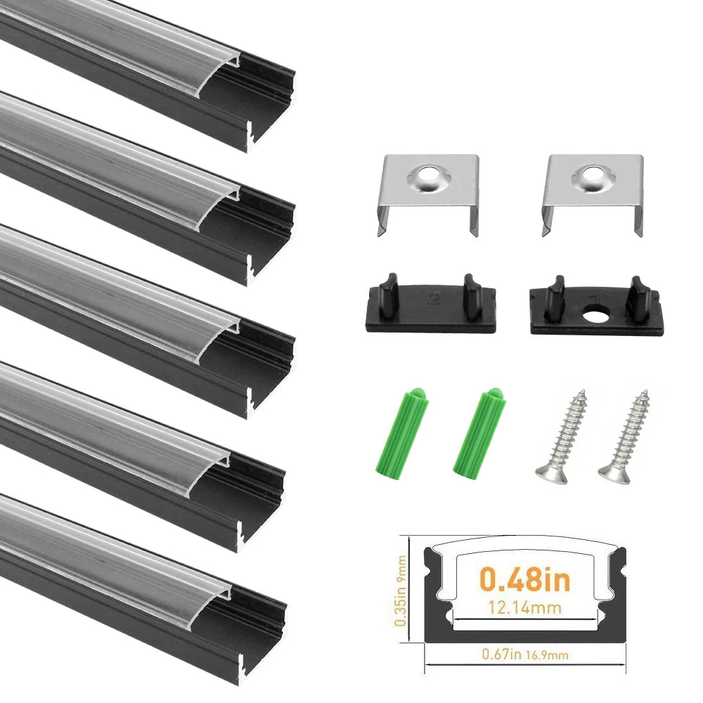 Profilé LED en U U02-A – 12 mm | Argenté / Noir | Cache blanc laiteux | Avec accessoires d'installation | Profilé aluminium robuste – 1 m / 2 m / 3 m | Paquet de 50 / 100
