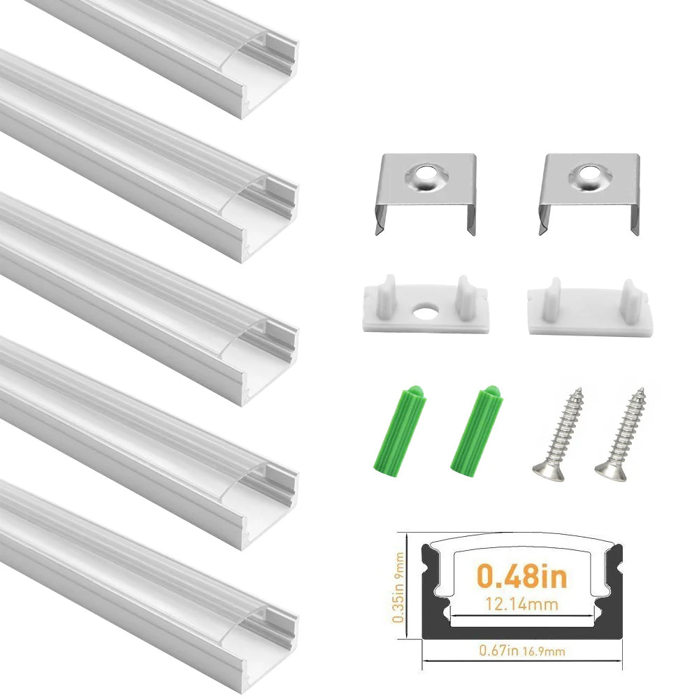 Profilé LED en U U02-B – 12 mm | Argent | Cache blanc laiteux | Avec accessoires d'installation | Profilé aluminium standard – 1 m / 2 m / 3 m | Paquet de 50/100