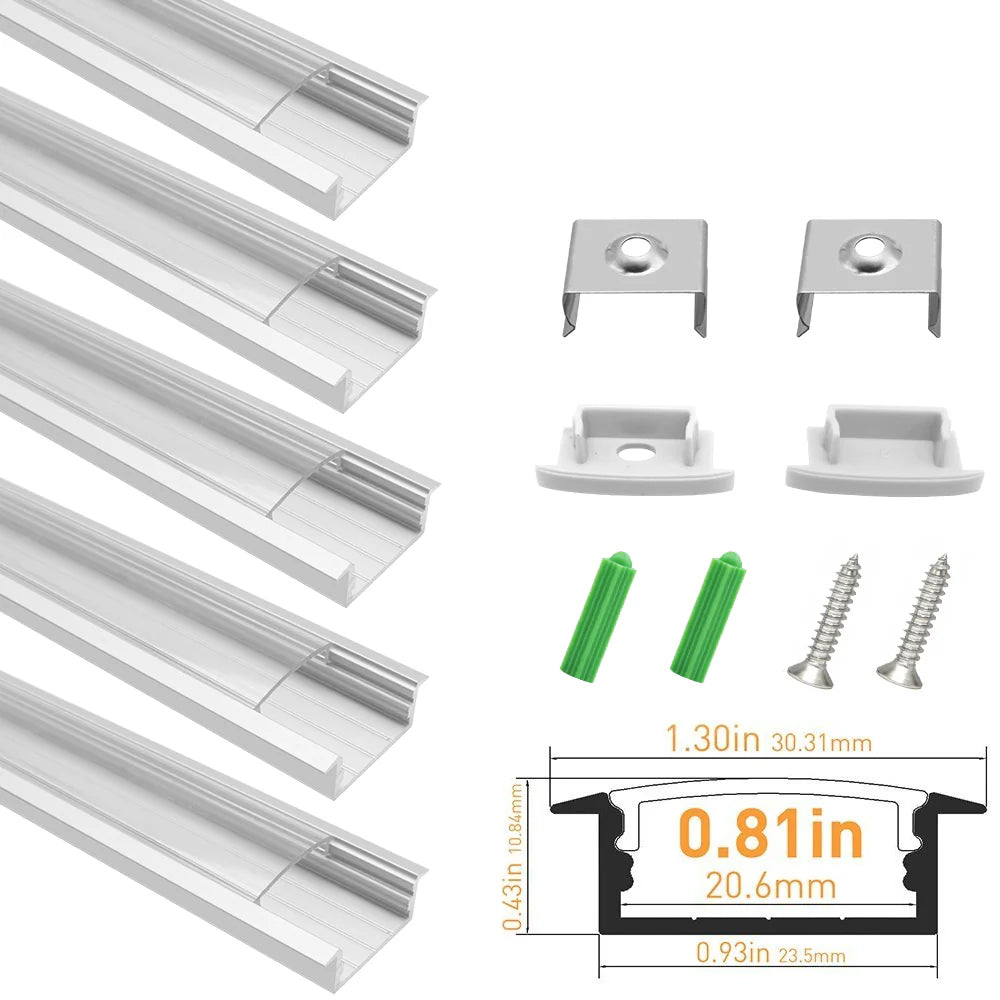 Profilé LED en U U03-A – 20 mm | Argenté / Noir | Cache blanc laiteux | Avec accessoires d'installation | Profilé aluminium robuste – 1 m / 2 m / 3 m | Paquet de 50 / 100