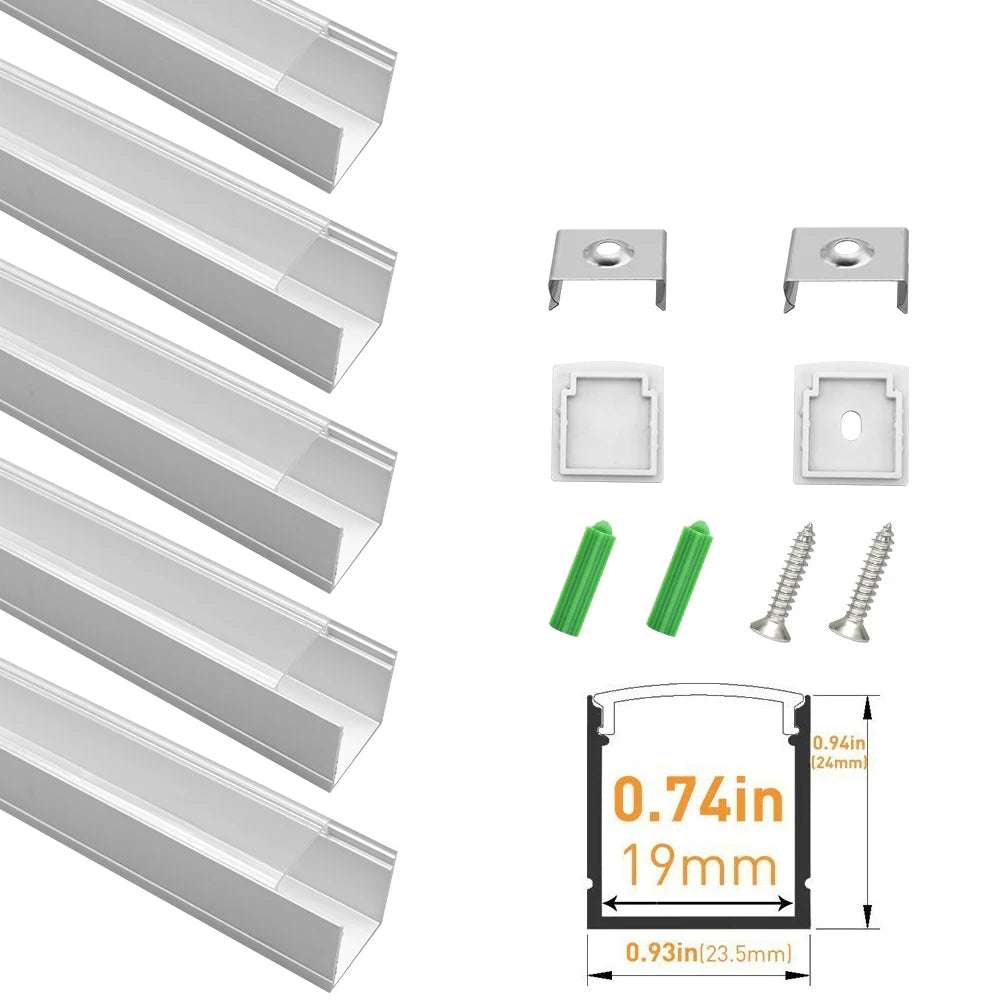 Profilé LED en U U06-A – 20 mm | Argenté / Noir | Cache blanc laiteux | Avec accessoires d'installation | Profilé aluminium robuste – 1 m / 2 m / 3 m | Paquet de 50 / 100