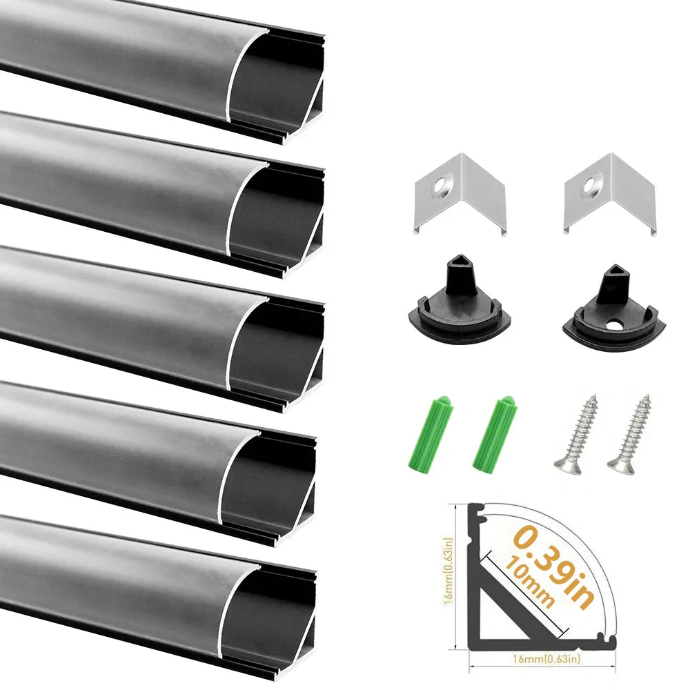 Profilé LED en V V02-B – 12 mm | Argenté / Noir | Cache blanc laiteux | Avec accessoires d'installation | Profilé aluminium standard – 1 m / 2 m / 3 m | Paquet de 50 / 100
