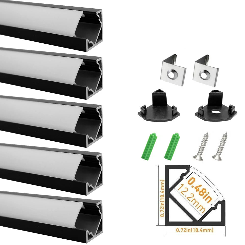 V-förmiger LED-Kanal V03-A – 12 mm | Silber / Schwarz | Milchweiße Abdeckung | Mit Installationszubehör | – Standard-Aluminiumprofil – 1 m / 2 m / 3 m | 50er-/100er-Pack