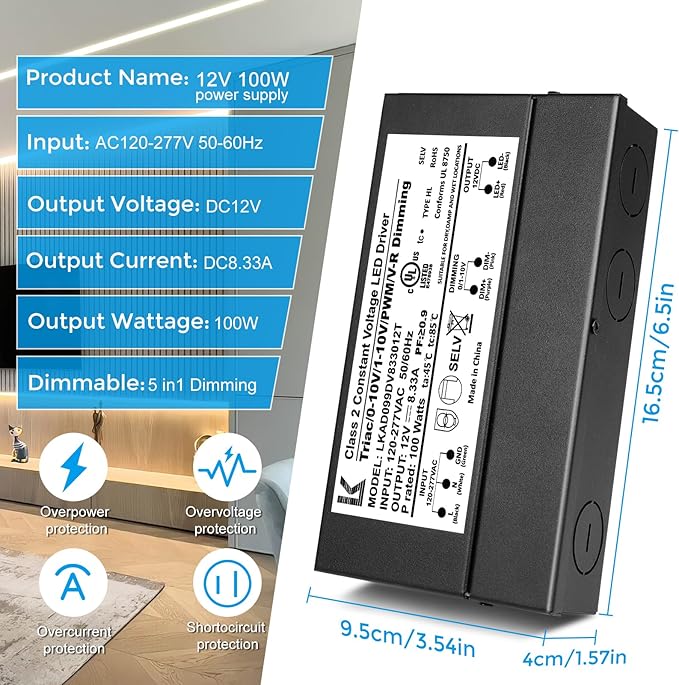 Alimentation LED 12 V CC 5 en 1 à intensité variable, 60 W/100 W/200 W, homologuée UL, entrée CA 120–277 V, pilote étanche pour contrôle Triac/ELV/0-10 V/PWM/résistif