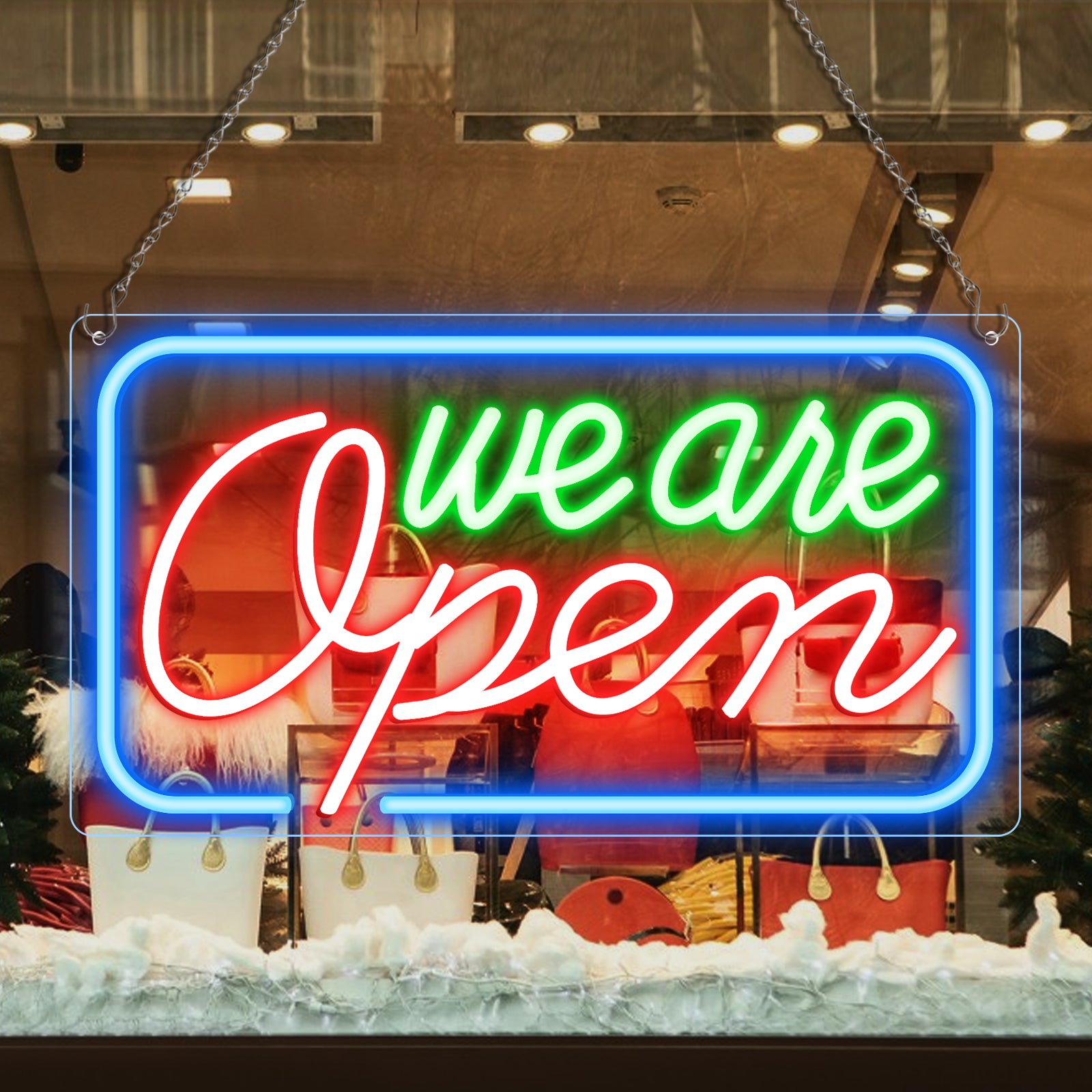 Wir haben geöffnet – Neonschild – 5 Leuchtfarbenoptionen | 42×23 cm (17×9 Zoll) | Fensteraufhängung | Plug & Play für Schaufenster