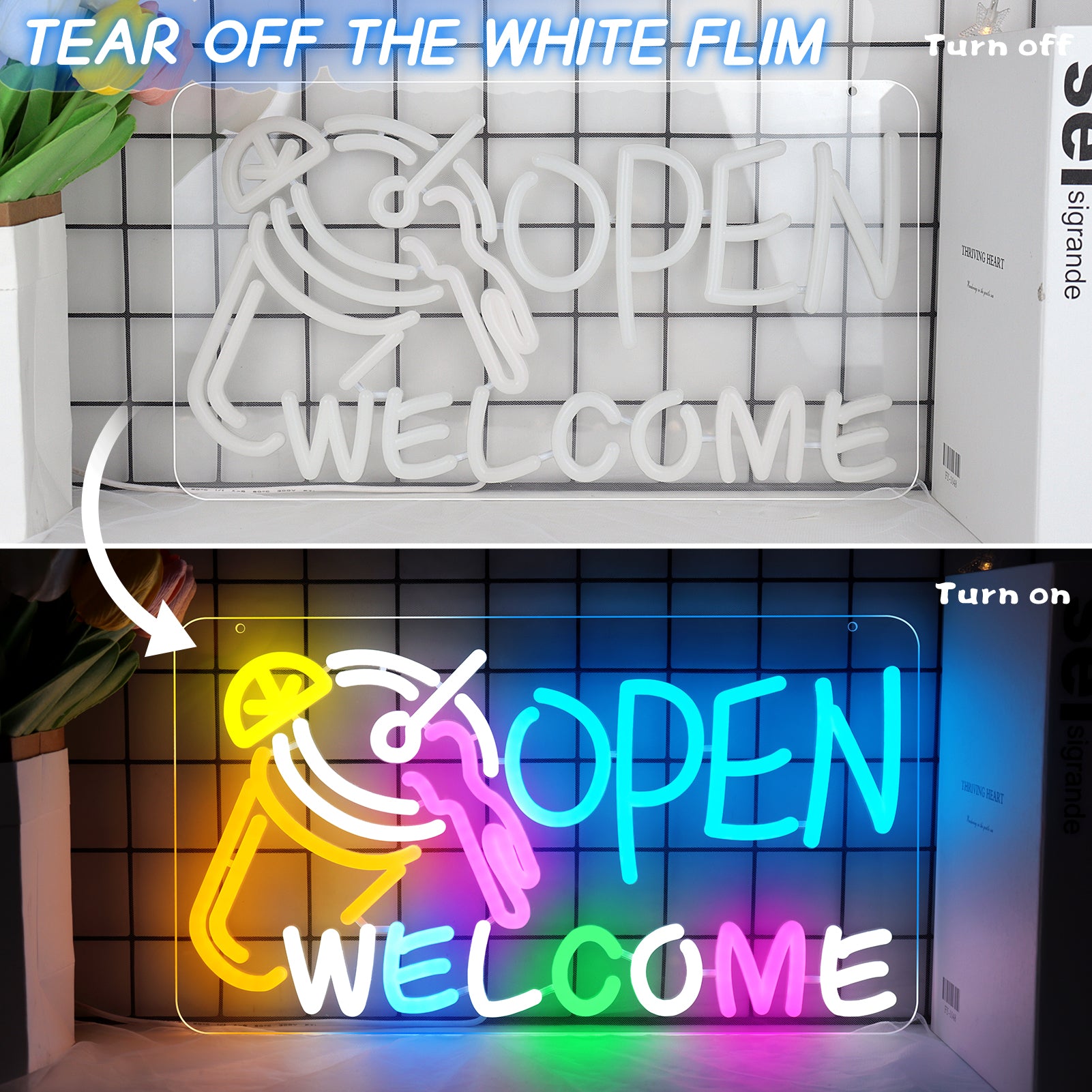OPEN WELCOME Neon Sign – USB Powered | 16×9 inch (41×23 cm) | Multicolor Glow | LED Window Light with Cocktail Design for Bar, Café, Storefront