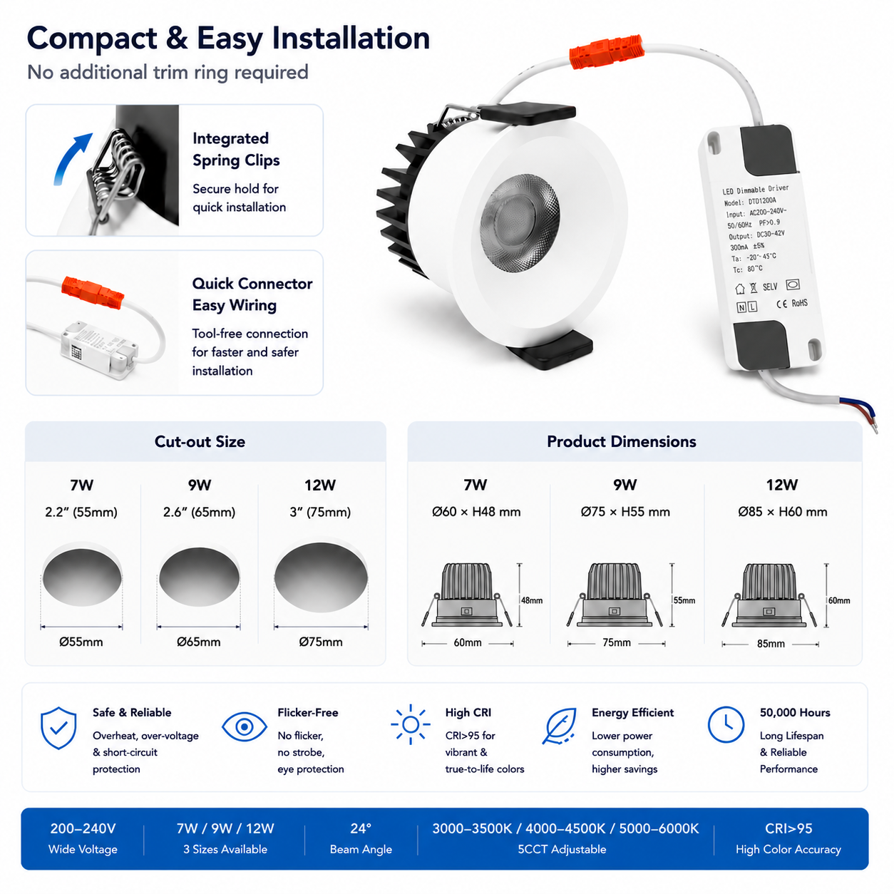 PRO-2A Series Deep Anti-Glare Full Spectrum LED Downlight | 200–240V | 4/12 Pack | 7W / 9W / 12W | 3000K / 4000K / 5000K | 24° Beam | White Housing | CRI>95 | Commercial Ceiling Recessed Light