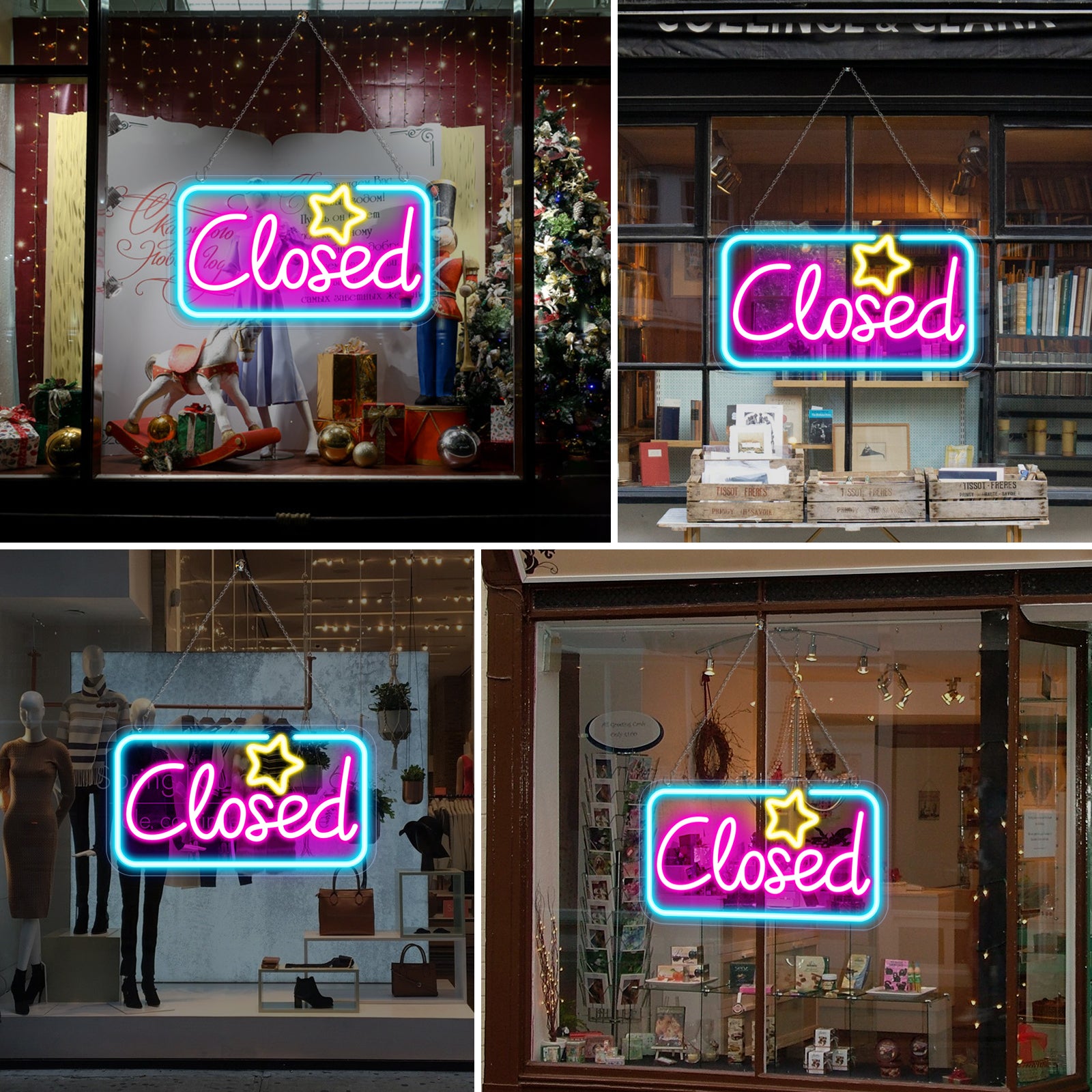 Geschlossenes Neonschild – Eisblau & Pink Leuchten + Gelber Stern | 42×23 cm (17×9 Zoll) | Fensteraufhängung | Plug & Play für Schaufenster