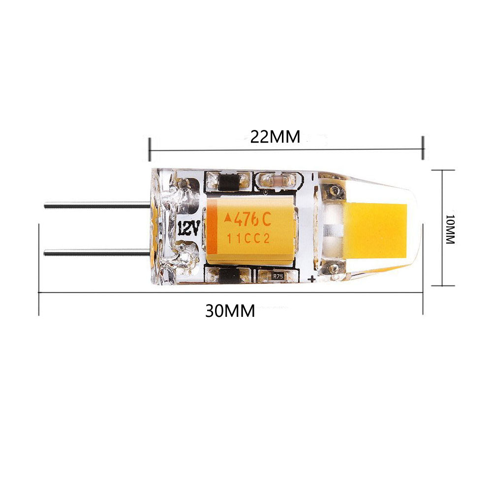 10er-Pack G4 LED-Glühbirne, Bi-Pin-Silikonkapselung, 12 V, 1 W, 0705 COB-LEDs, CRI > 80, 100–110 Lumen, 10-W-Äquivalent