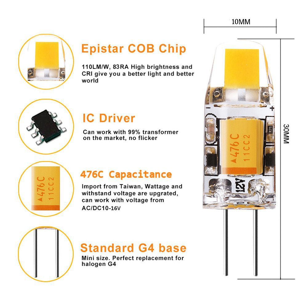 10er-Pack G4 LED-Glühbirne, Bi-Pin-Silikonkapselung, 12 V, 1 W, 0705 COB-LEDs, CRI > 80, 100–110 Lumen, 10-W-Äquivalent