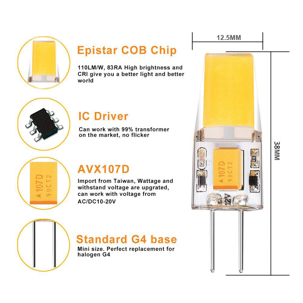 10er-Pack G4 LED-Glühbirne, Bi-Pin-Sockel, Silikonkapselung, 12 V, 2 Watt, 1505 COB-LEDs, CRI > 80, 160–180 Lumen, AC/DC 10–20 V, 20-W-Äquivalent, Halogen-LED-Ersatz