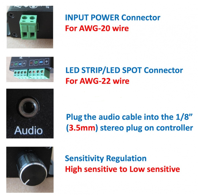 Contrôleur de bande LED RVB sensible au son et à la musique – DC12V-24V 12A | Boîtier en aluminium noir avec télécommande infrarouge 24 touches | Pour bandes LED