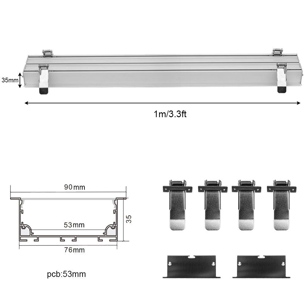 Breiter LED-Einbau-Aluminiumkanal H7635AB – 53 mm Innenbreite | Silber | Milchweiße Abdeckung | Mit Installationszubehör | – Unterputz-Linearbeleuchtung für Büros – 1 m / 2 m | 10er-/20er-Pack