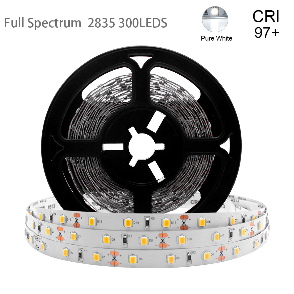 DC24V SMD2835 Full Spectrum LED Strip Light - CRI 97+ | 300 LEDs (60 LEDs/M) | 2700K / 3000K / 4000K / 5500K / 6500K | 10W/M | 8mm PCB | CRI 97+ | IP00 / IP67 | for Mirror, Kitchen Cabinet, Bedroom
