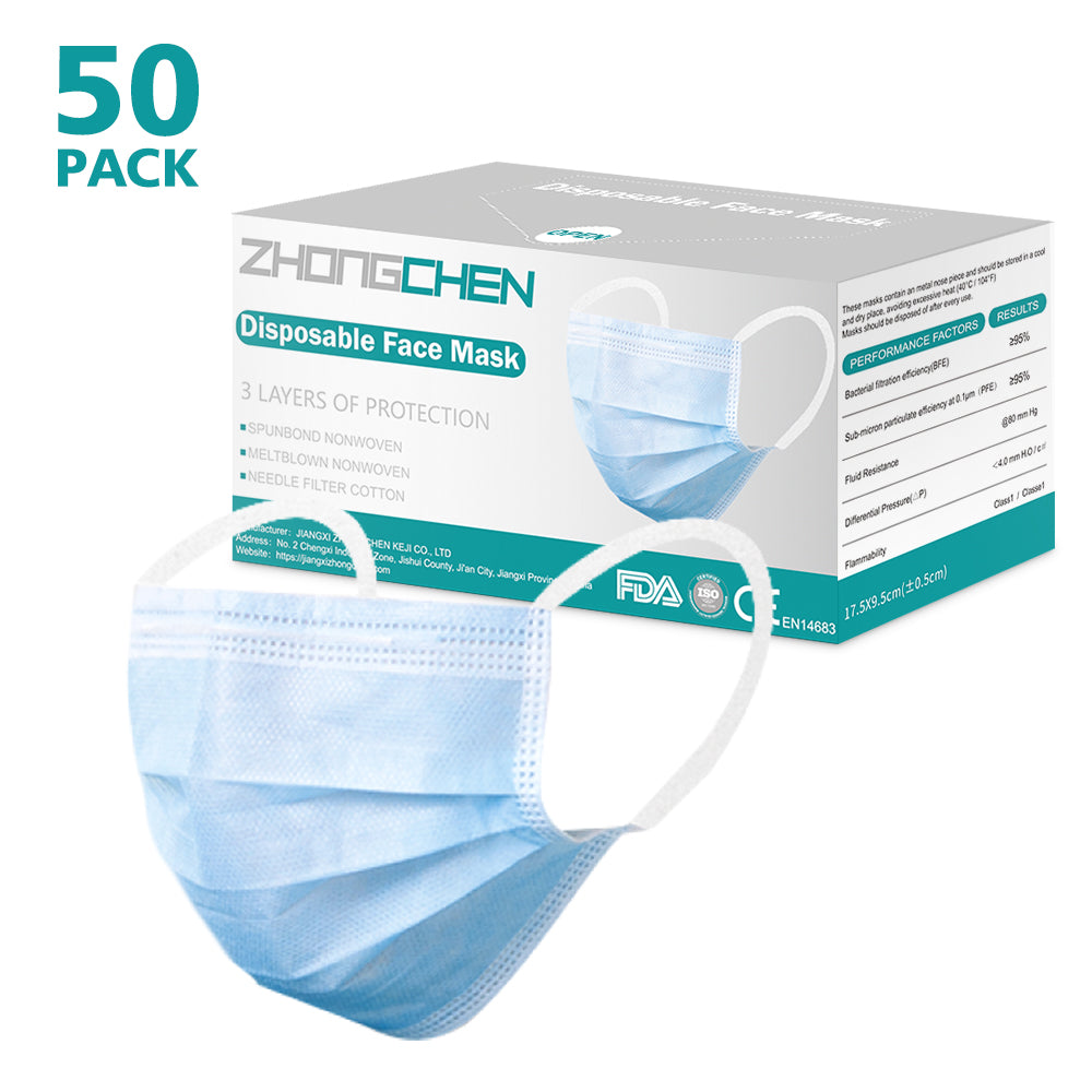 Lot de 50 masques faciaux BFE95 %, filtre en coton 3 plis, protection médicale et sanitaire contre la poussière et les germes