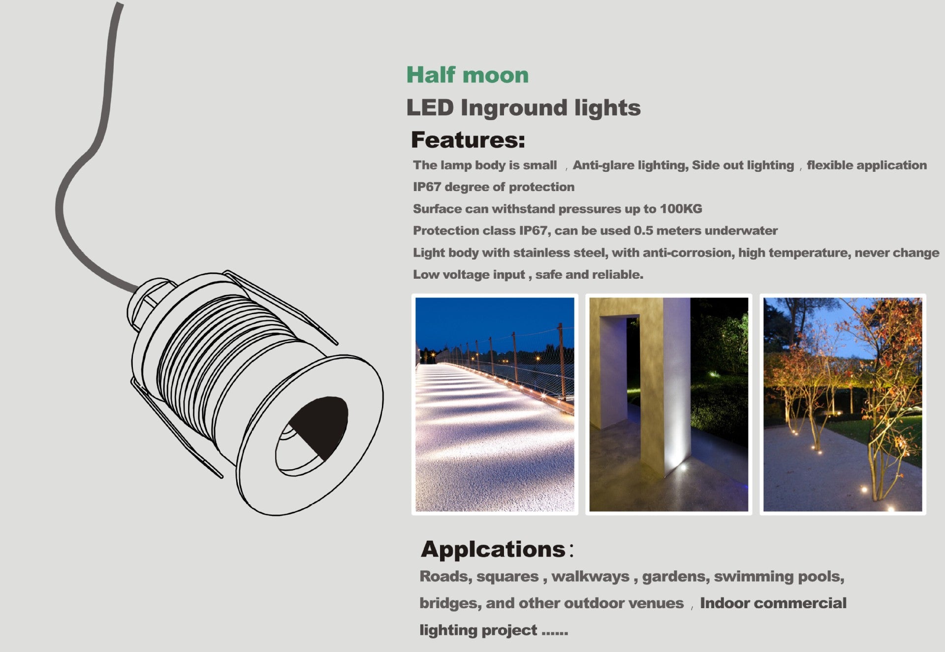 8er-Pack 1 W/3 W DC12–24 V IP67 LED-Stufenleuchte, Edelstahl, Bodeneinbau-LED-Leuchte mit blendfreier, halbmondförmiger, gebürsteter Linse