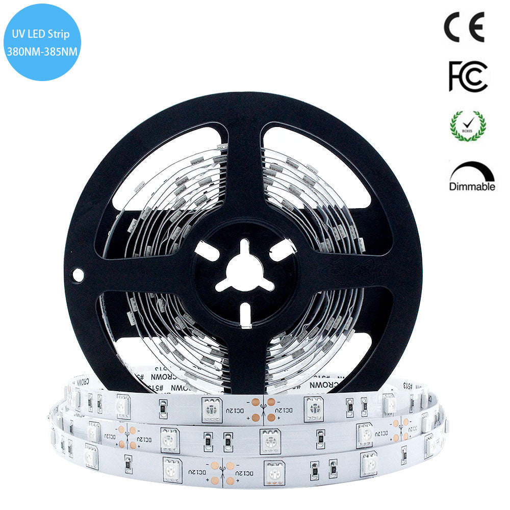 380-385nm SMD5050 UV LED Strip Light – 16.4FT / 5M | 30 / 60 / 120 LEDs/m | DC12V | Non-Waterproof / IP67 Waterproof | Not Include Power Supply | for Curing, Currency Validation & Medical Field