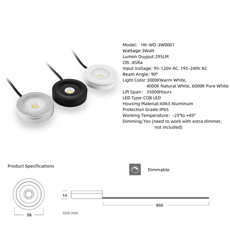 2 Pack Waterproof LED Puck Lights – 3W | Warm / Daylight White | White / Silver / Black | Hardwired | Dimmable with Compatible Dimmer | AC 110V / 220V | Adhesive Mount