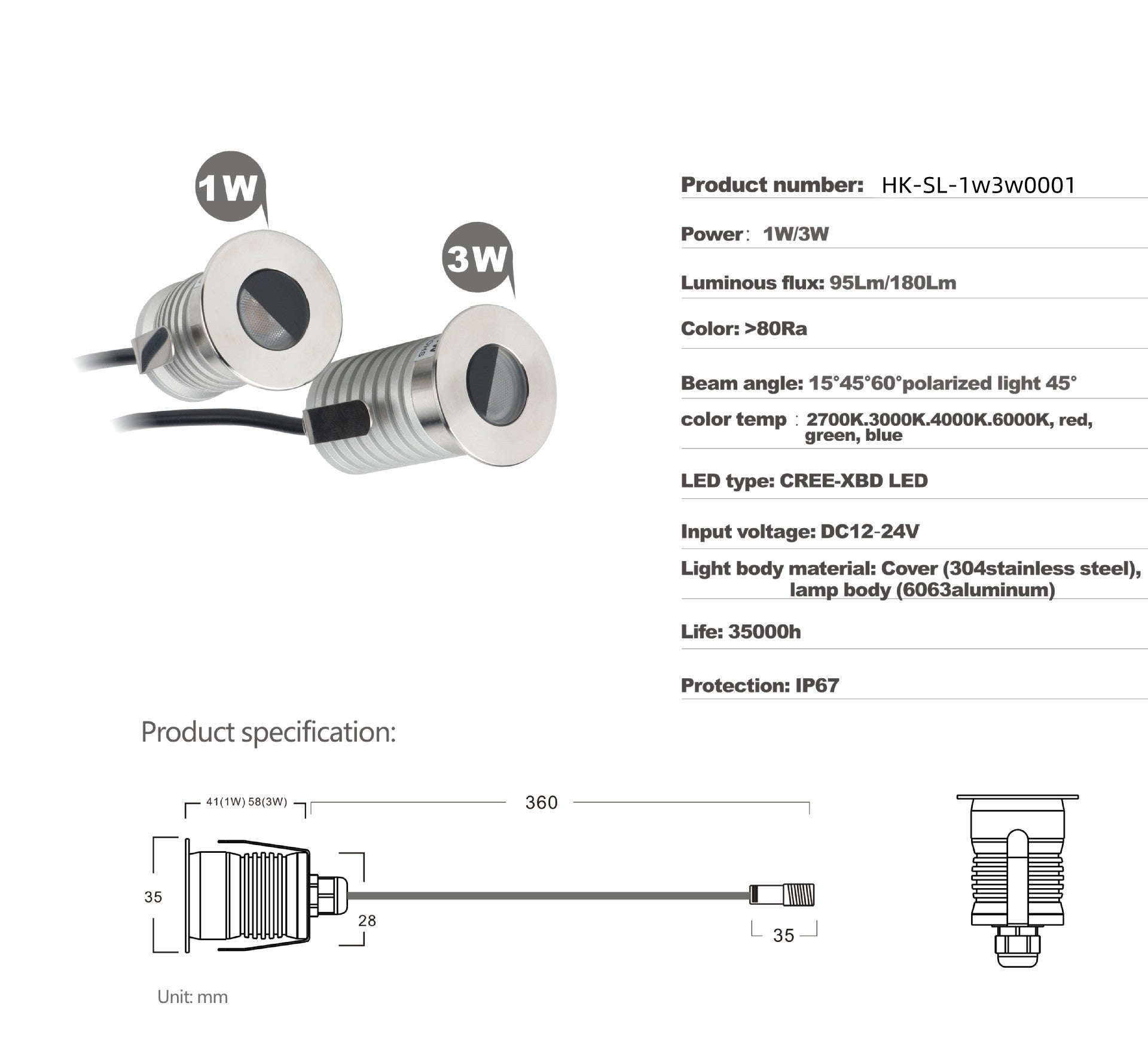 8er-Pack 1 W/3 W DC12–24 V IP67 LED-Stufenleuchte, Edelstahl, Bodeneinbau-LED-Leuchte mit blendfreier, halbmondförmiger, gebürsteter Linse