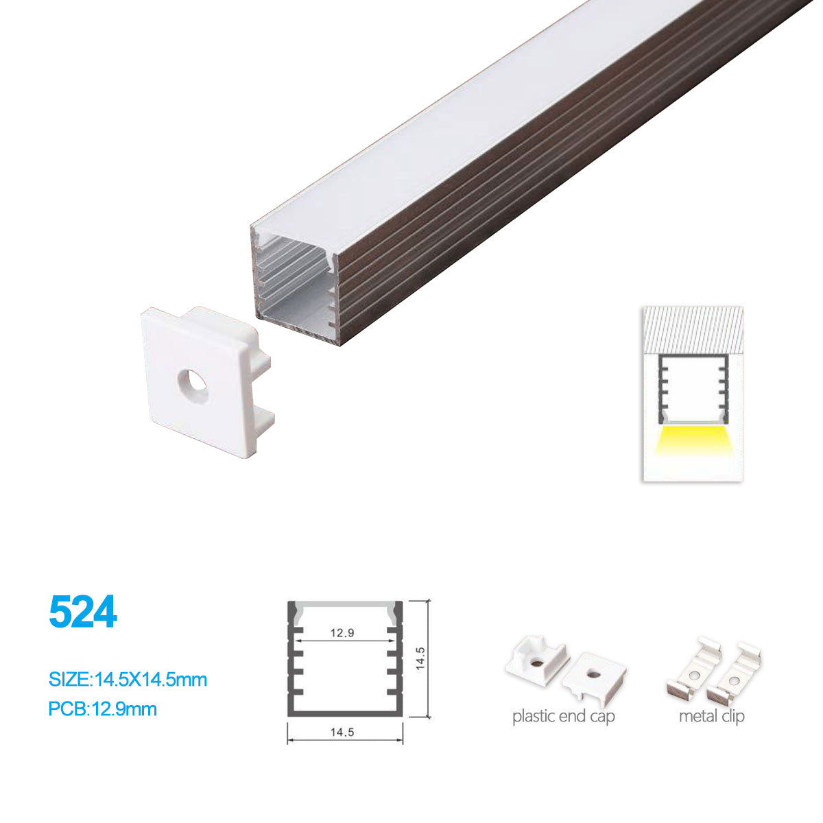 14,5*14,5MM LED Aluminium Profil Kit 524-B – 12,9mm Innenbreite | Silber | Milchig-weiße Abdeckung | Mit Installationszubehör | – Aluminiumprofil – 1m / 2m / 3m | 50er / 100er-Pack