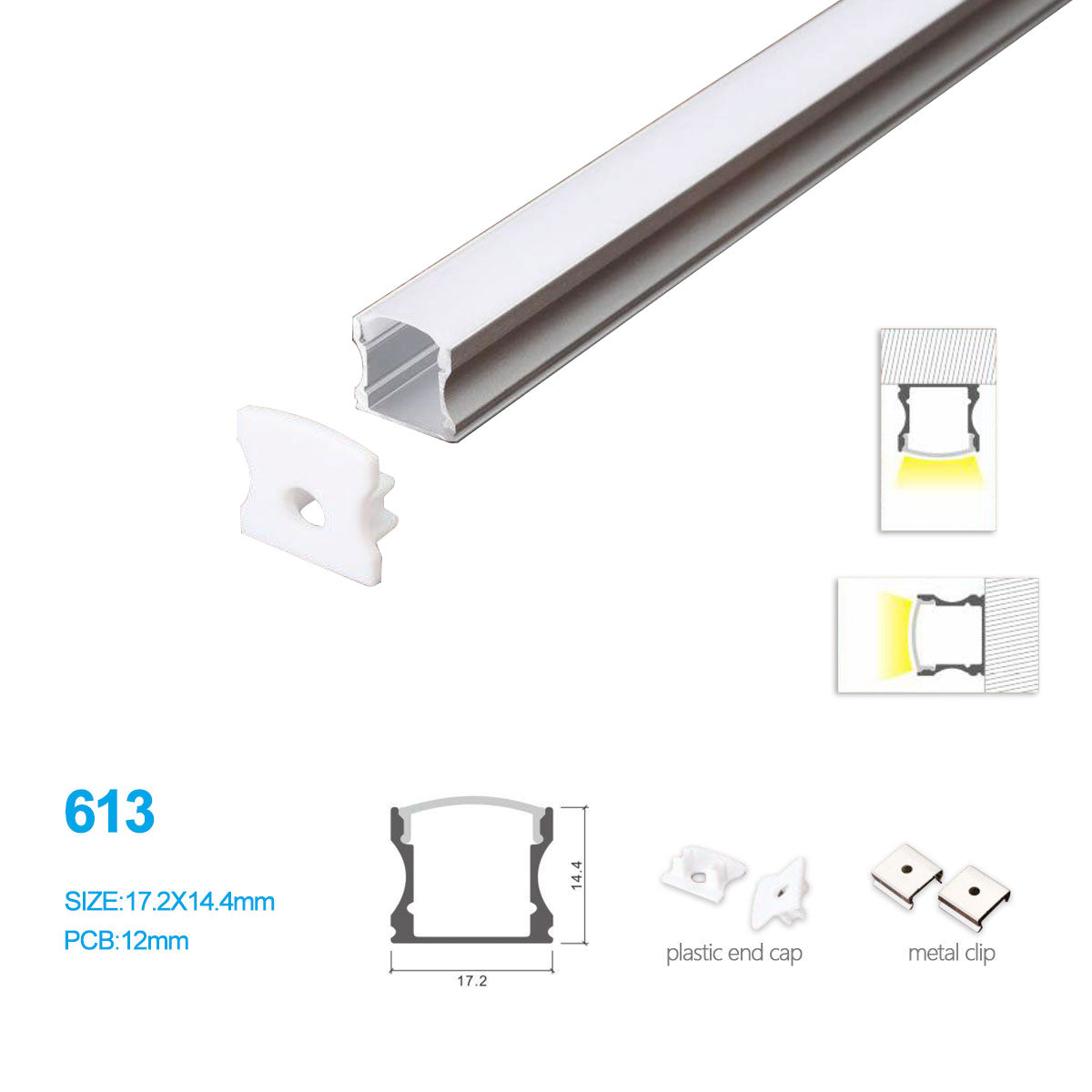 17,2 x 14,4 mm Mini-Quadrat-LED-Aluminiumprofil-Kit 613-B für Oberflächenmontage – 10 mm Innenbreite | Silber | Milchweiße Abdeckung | Mit Installationszubehör | – Aluminiumprofil – 1 m / 2 m / 3 m | 50er-/100er-Pack