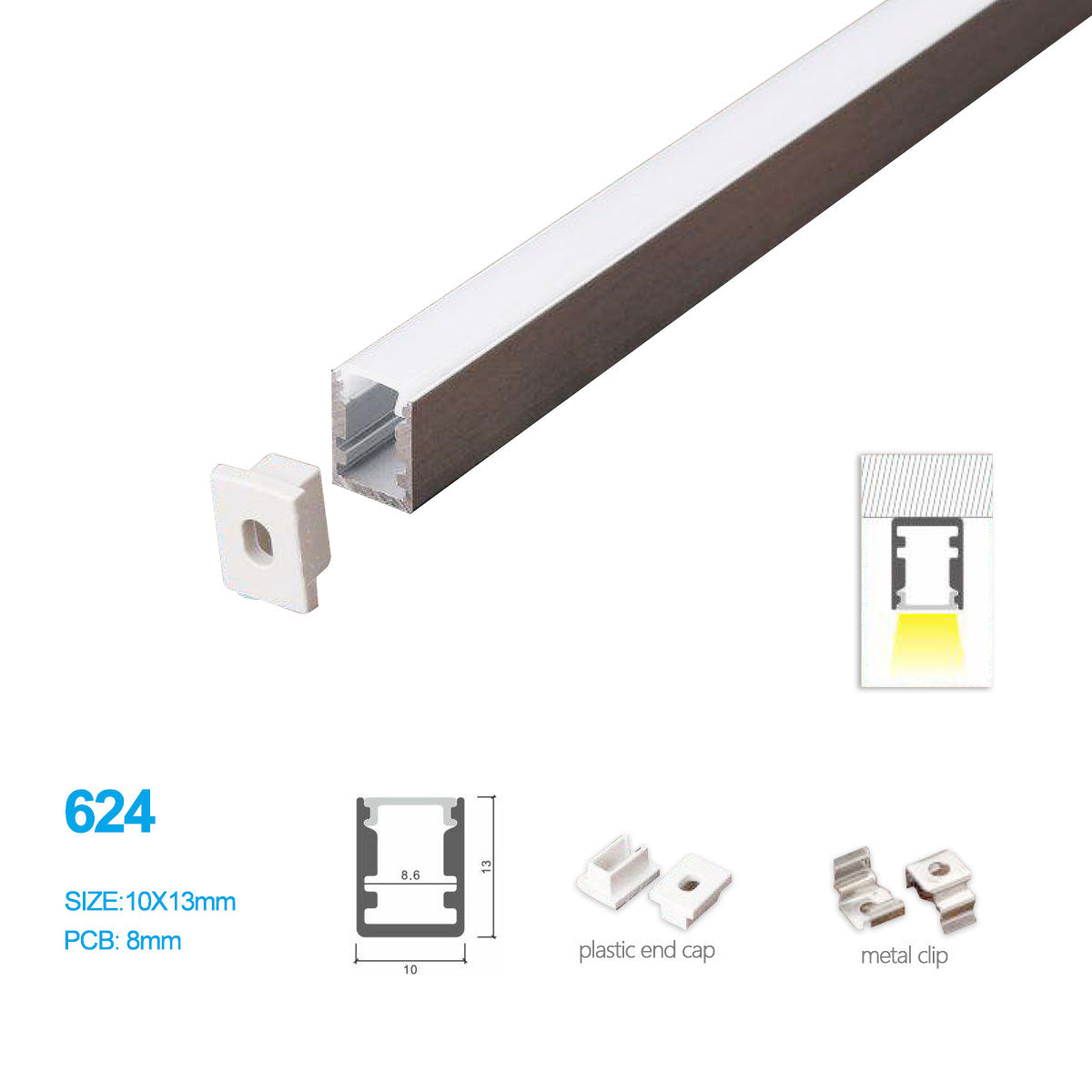 10*13 MM Mini Square Trimless Surface LED Aluminum Profile Kit 624-B – 8mm Inner Width | Silver | Milky White Cover | With Installation Accessories | – Aluminum Profile – 1m / 2m / 3m | 50 / 100-Pack