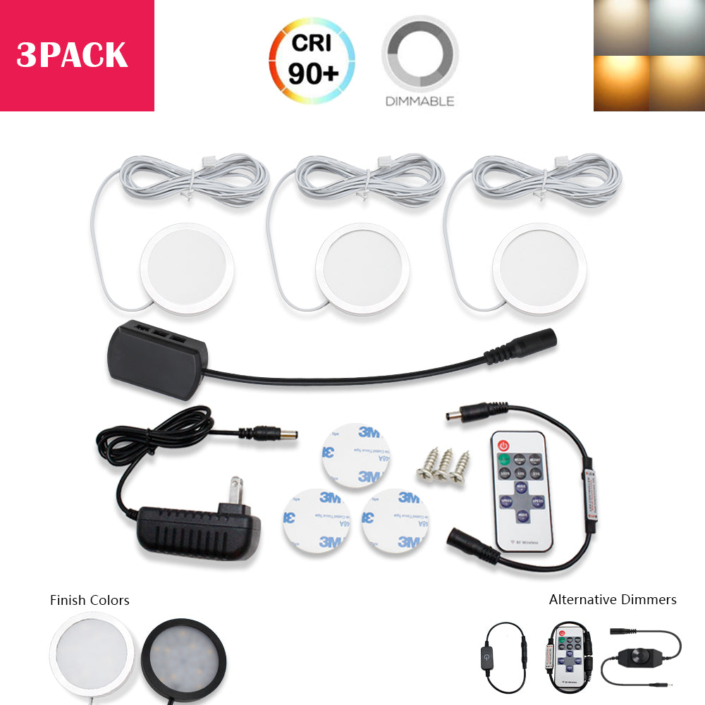A-Series 3 Pack (3*2W) Dimmable CRI 90 Ultra Thin LED Under Cabinet Puck Lights With Dimmer & Power Adapter, All Accessories Included
