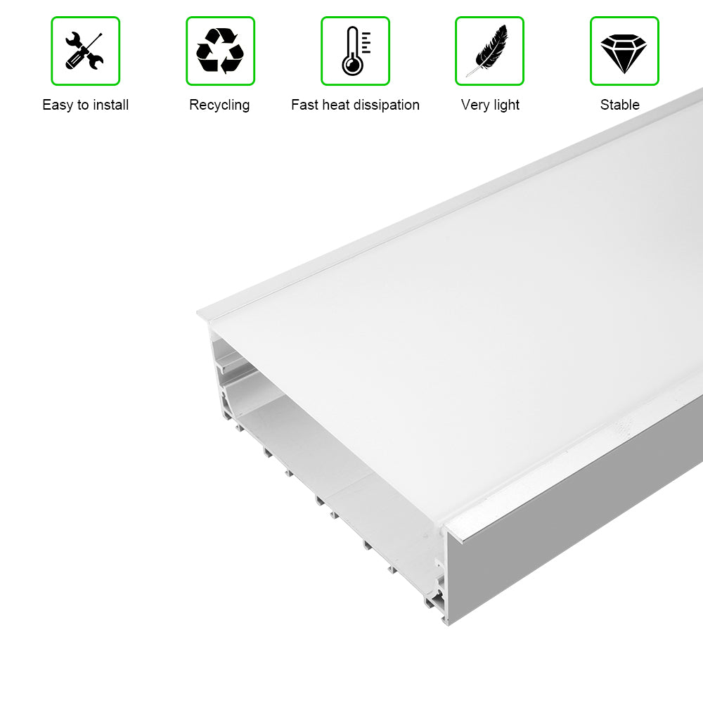 Breiter LED-Einbau-Aluminiumkanal H15050B – 125 mm Innenbreite | Silber | Milchweiße Abdeckung | Mit Installationszubehör | – Bündige Montage, lineare Bürobeleuchtung – 1 m / 2 m | 10er-/20er-Pack