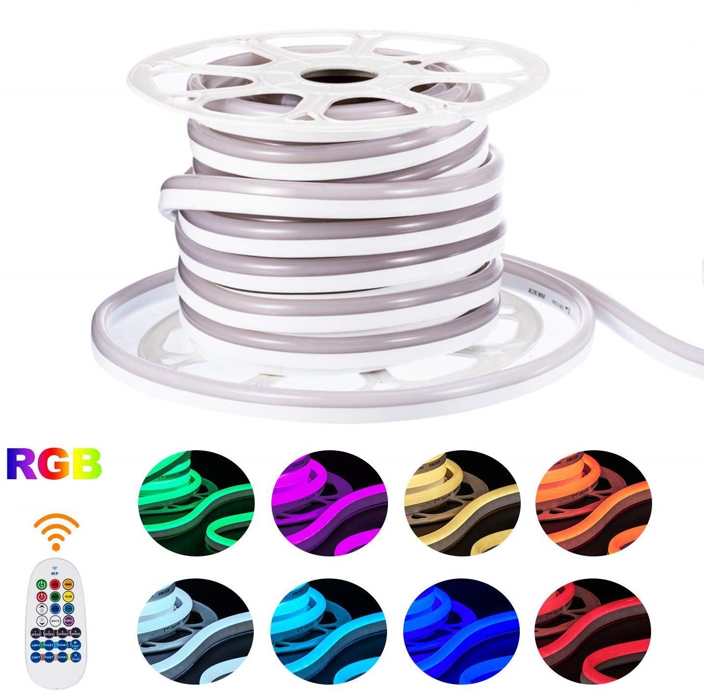 High Voltage RGB LED Neon Rope Light - 10x20mm | SMD5050 60 LEDs/M | AC110V / 220V Flexible Neon LED Strip | 12W/M | IP65 Waterproof Cuttable Neon Flex for Indoor & Outdoor Decoration | with Remote Control, Power Plug | 10/50M