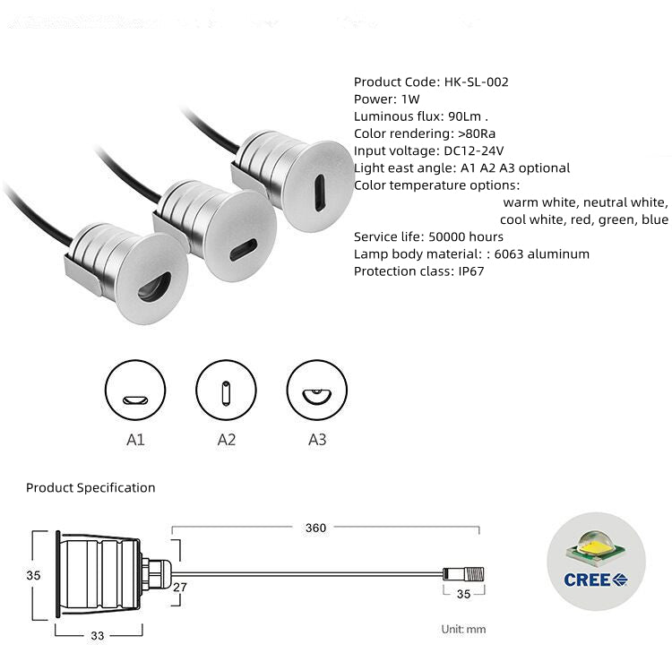 Lot de 8 spots LED encastrés étanches DC12-24 V 1 W IP67 avec lentilles A1/A2/A3 pour marches, escaliers et terrasses