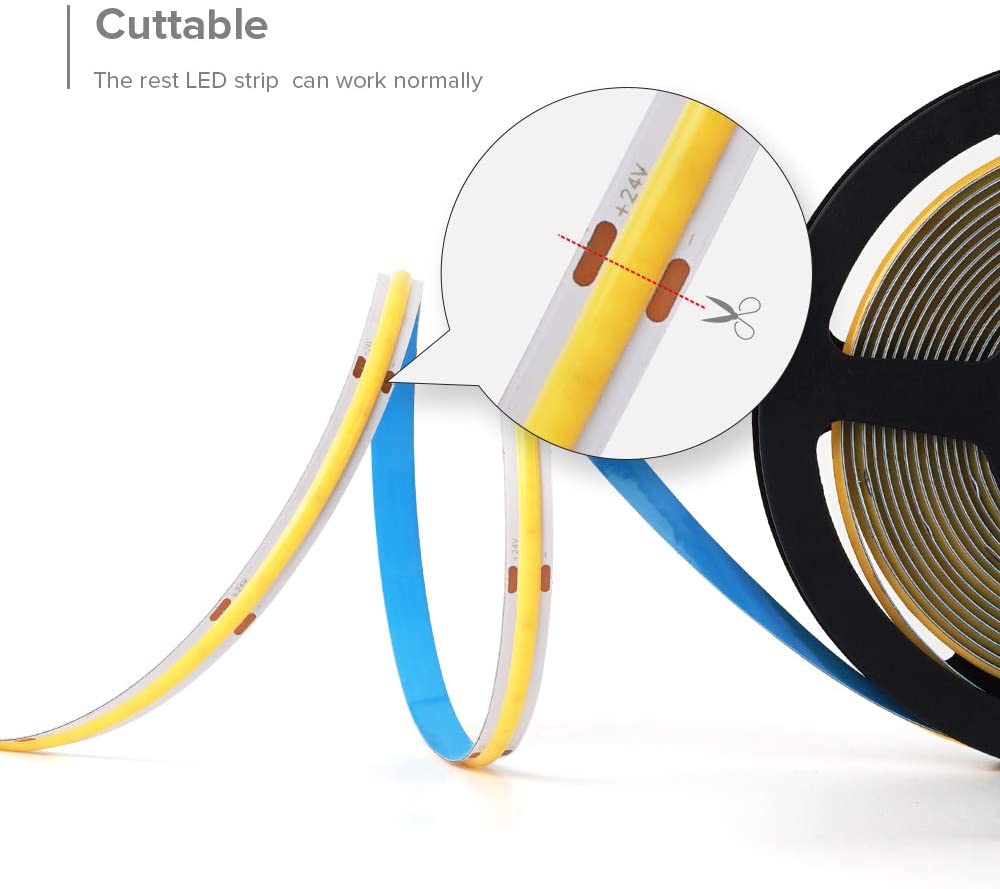 8MM Wide COB Flexible LED Strip Light - 12V / 24V | 320 / 480 / 512 LEDs/M | 3000K / 4000K / 6500K / Red / Blue / Green / Pink / Yellow | 8mm PCB | CRI 80+ | Dot-Free Continuous Lighting | Non-Waterproof | for Cabinets,Kitchen Office Lighting | 5/50M