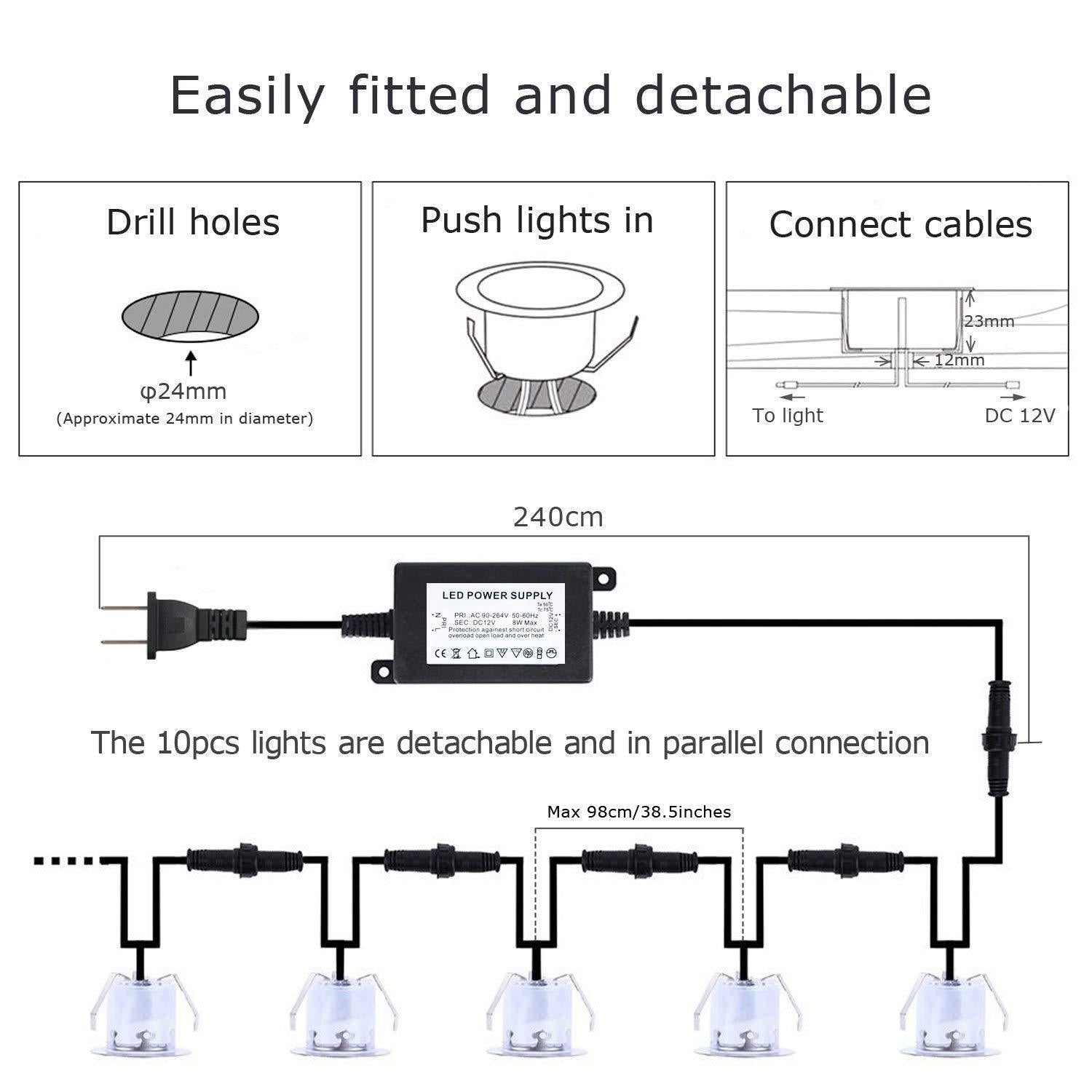 Lot de 10 spots LED encastrés pour terrasse, étanches IP67, pour jardin, cour, escaliers, salle de bain et cuisine