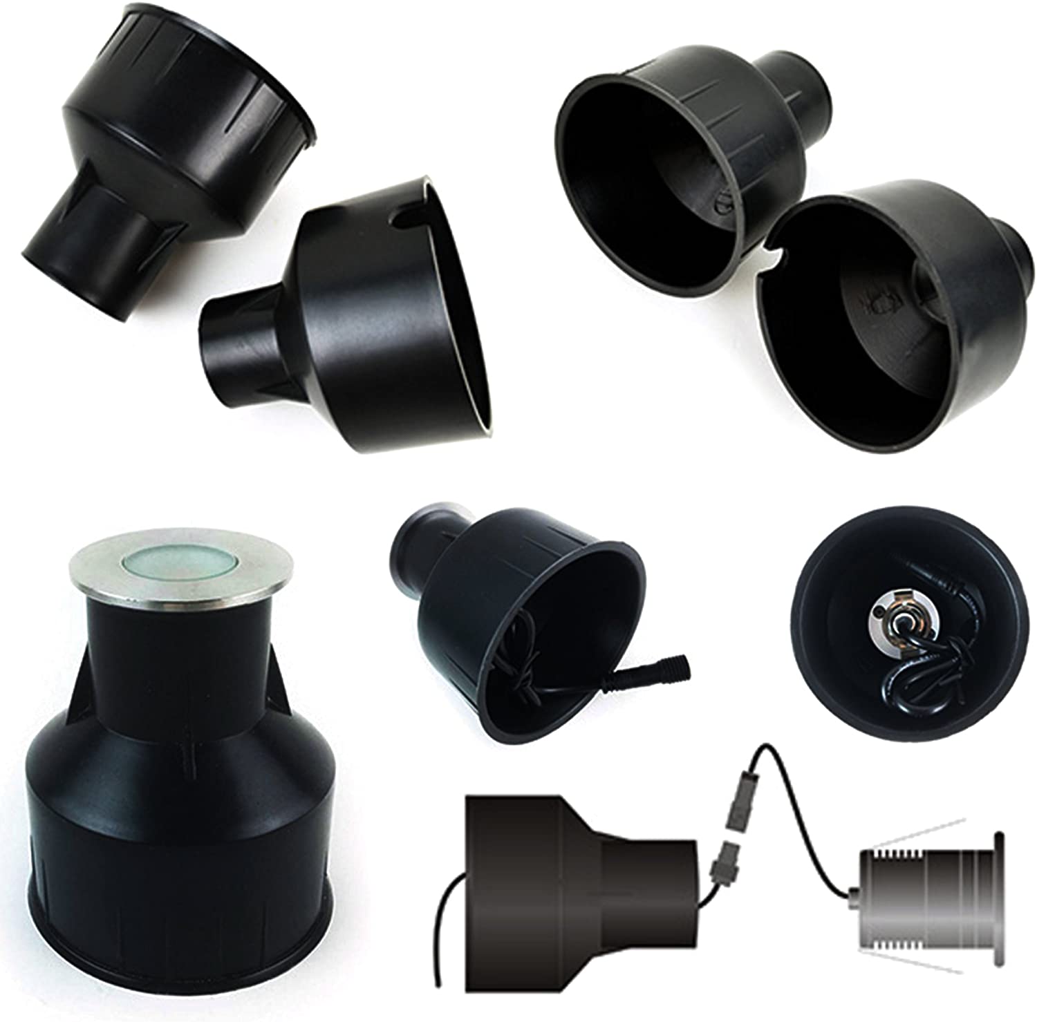 4er-Pack eingebettete Teile, Kunststoffhornform, schwarze Einbauarmatur, wasserdichte voreingebettete Einsätze für den Außen-/Innenbereich, für LED-Boden-/Stufentreppen-/Unterwasser-Schwimmbadbeleuchtung