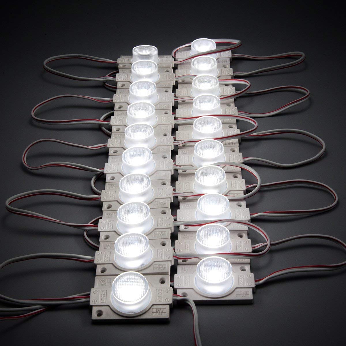 12V 1.5W LED Module with Lens, 20pcs/String, 150LM, IP65 Waterproof Sign Module for Light Box, Channel Letter, and Signage Backlighting – 6500K / 3000K / Red / Green / Blue / Yellow / Pink
