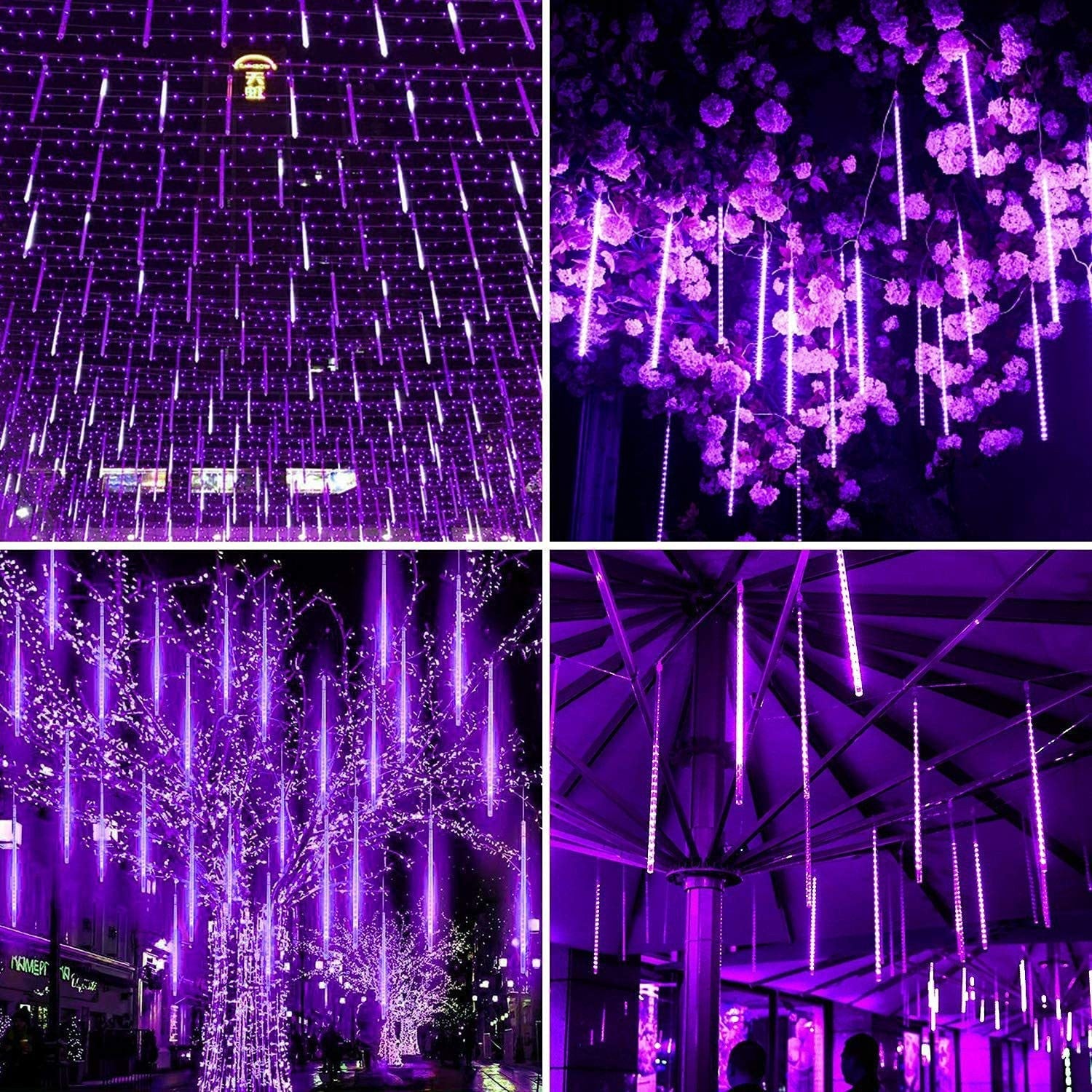 Lot de 3 guirlandes lumineuses de Noël avec pluie de météores, 8 tubes de 30,5 cm, étanches, à brancher, pour Halloween, Noël, fête, maison, terrasse, décoration extérieure