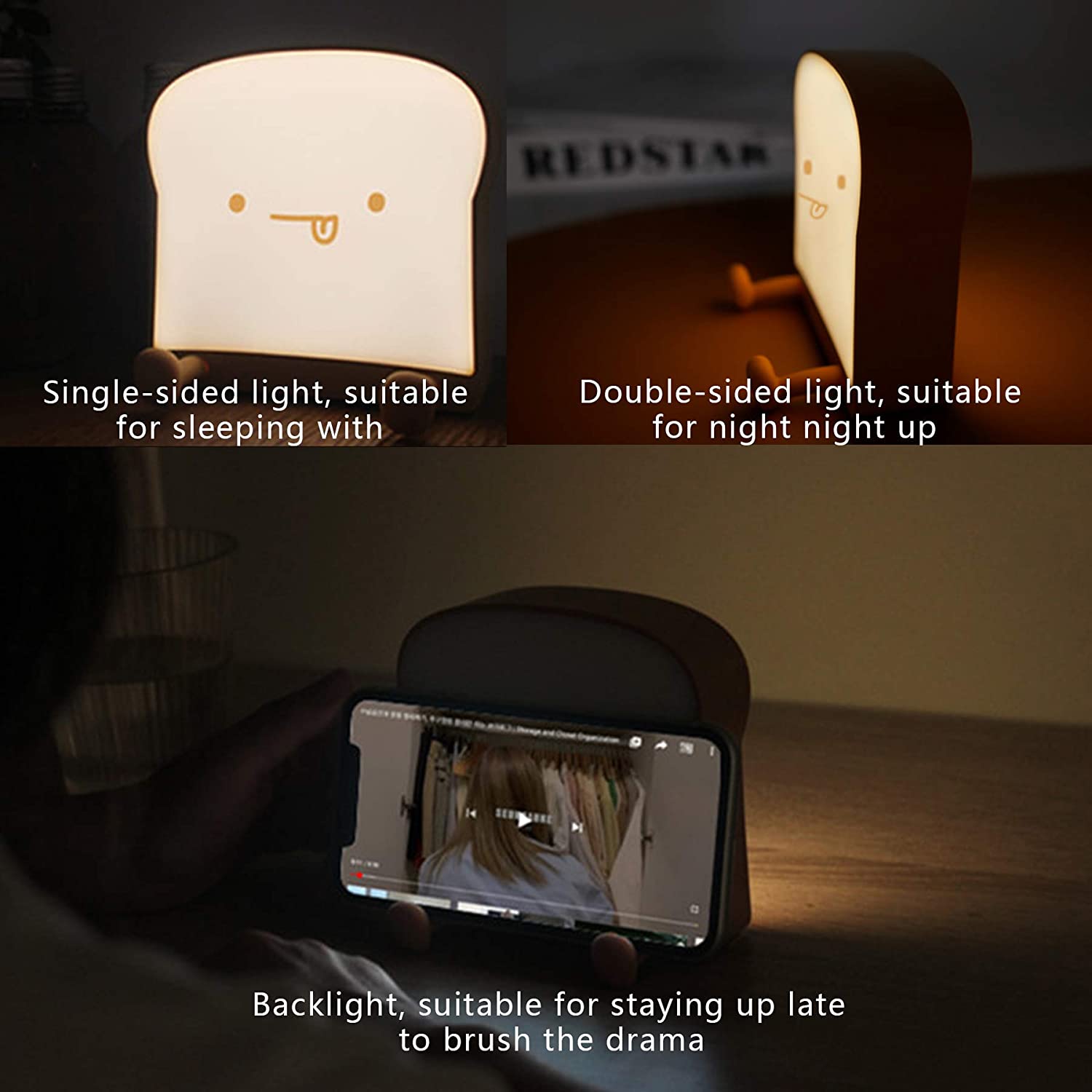 Meme Toast Bread LED Night Light – Rechargeable Bedside Nursery Lamp with Phone Stand