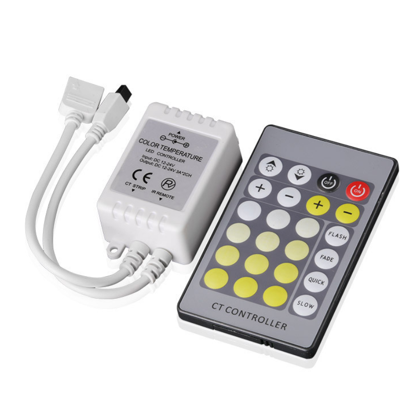 Contrôleur de bande LED blanche double – 12 V–24 V CC | Télécommande infrarouge 24 touches | Température de couleur réglable | Pour bandes LED blanches réglables