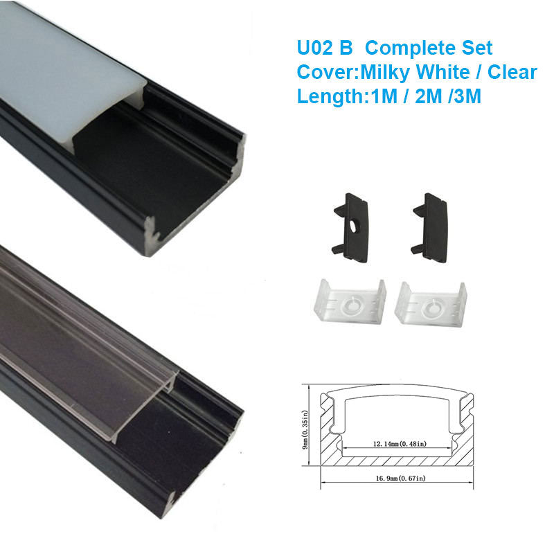 Profilé LED en U U02-B – 12 mm | Argent | Cache blanc laiteux | Avec accessoires d'installation | Profilé aluminium standard – 1 m / 2 m / 3 m | Paquet de 50/100