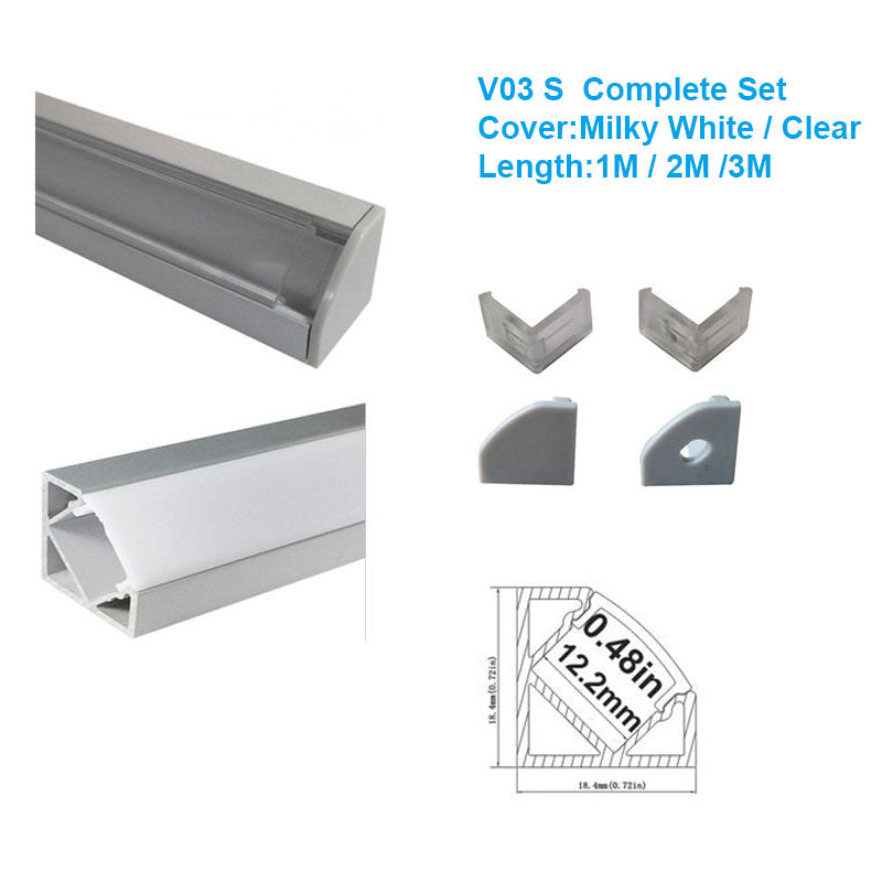 V-förmiger LED-Kanal V03-A – 12 mm | Silber / Schwarz | Milchweiße Abdeckung | Mit Installationszubehör | – Standard-Aluminiumprofil – 1 m / 2 m / 3 m | 50er-/100er-Pack
