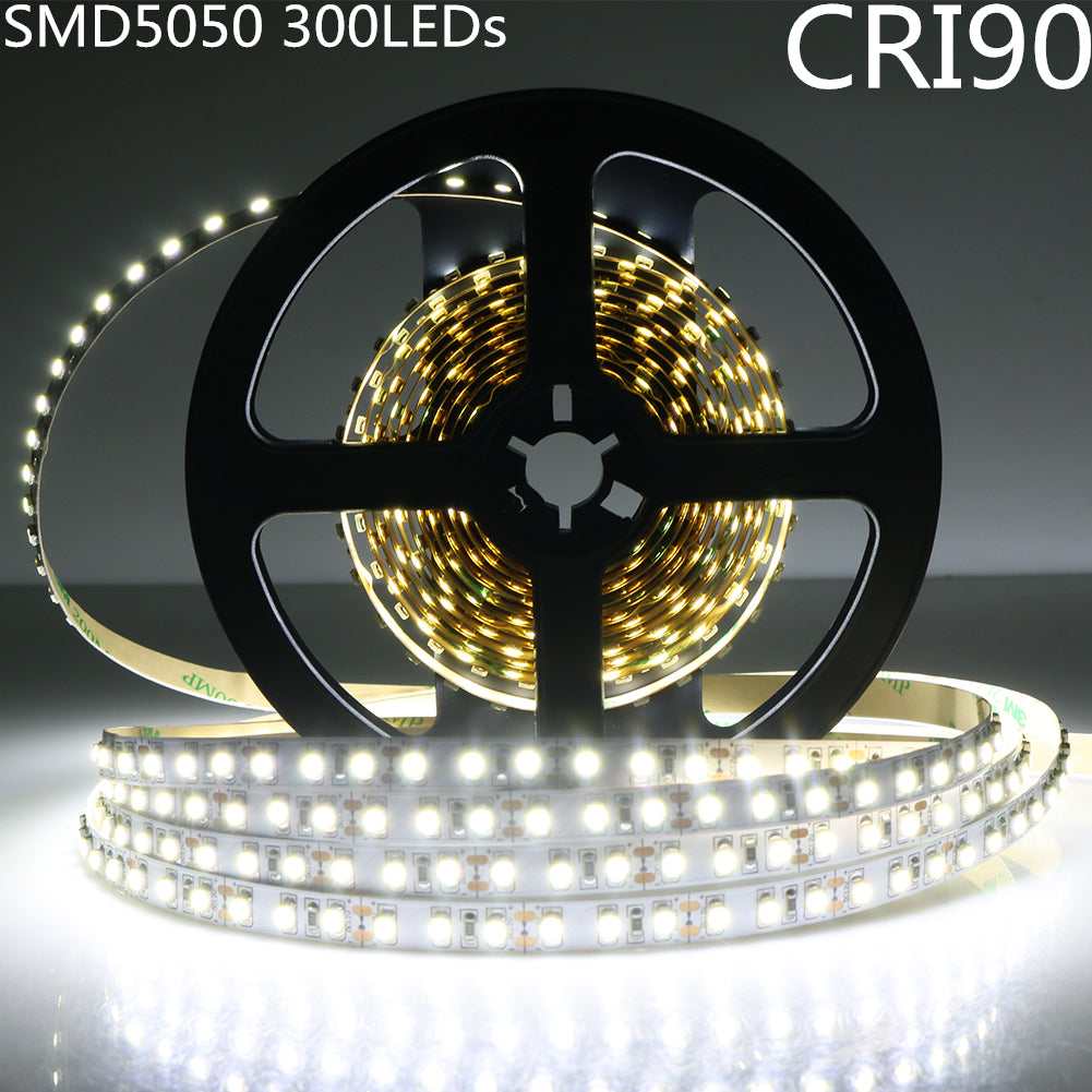 High CRI 90 LED Strip Lights, 5Meters (16.4ft) SMD5050-300, 60 LEDs 900LM Per Meter, DC 12V Dimmable Flexible LED Strips,10mm Wide Tape
