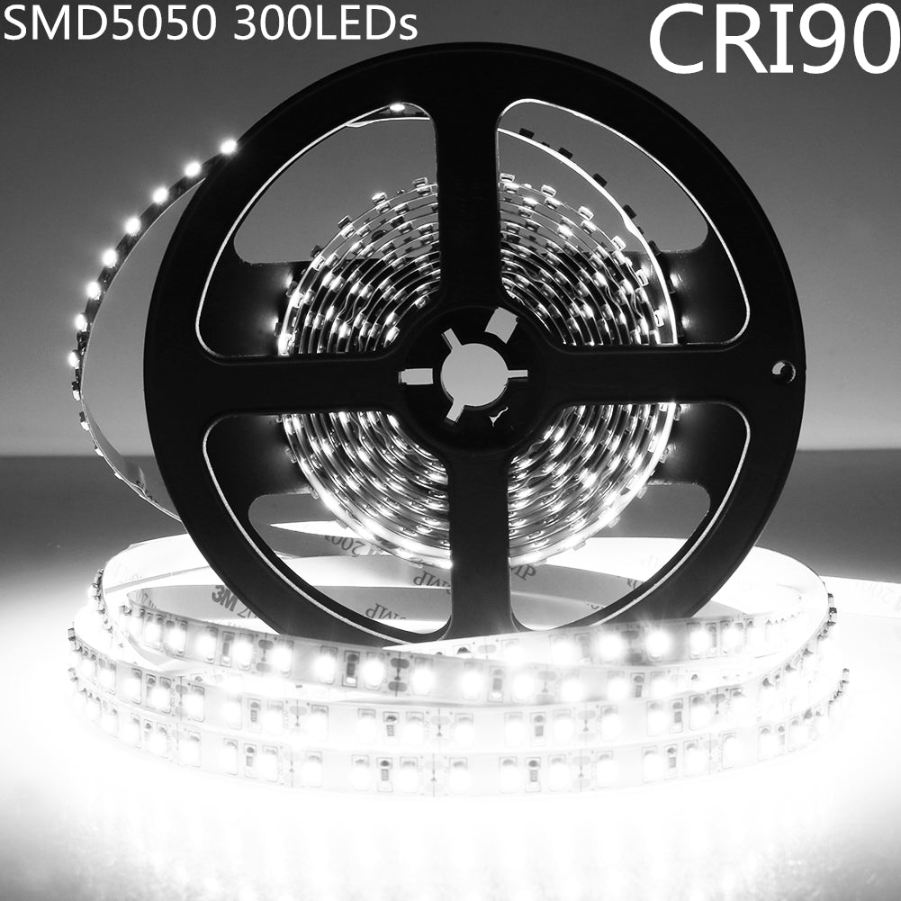 High CRI 90 LED Strip Lights, 5Meters (16.4ft) SMD5050-300, 60 LEDs 900LM Per Meter, DC 12V Dimmable Flexible LED Strips,10mm Wide Tape