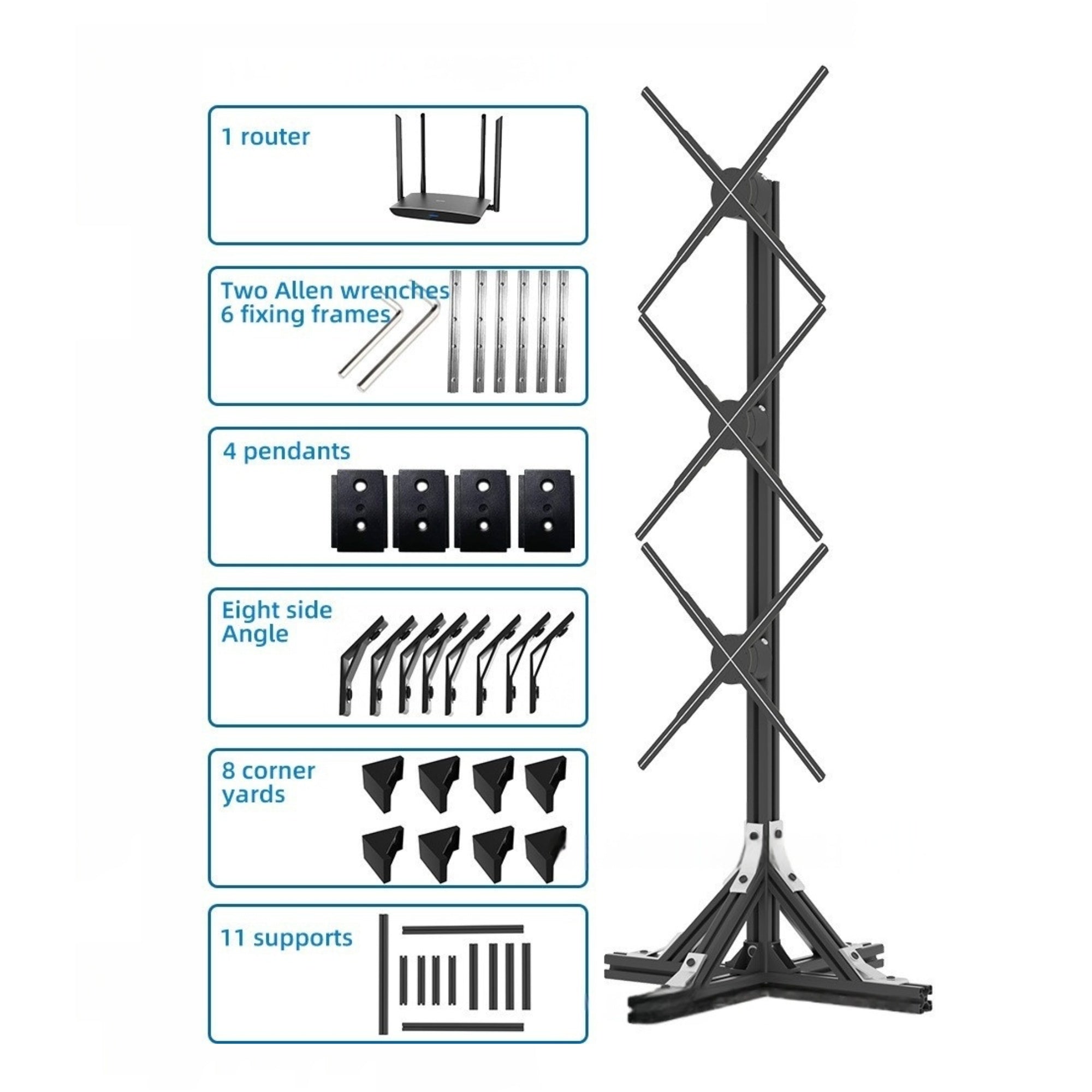 Support multi-ventilateurs série F | Configurations 1×3 / 2×3 / 3×3 | Compatible avec les ventilateurs holographiques 3D série F ≤ 100 cm | Cadre modulaire en acier