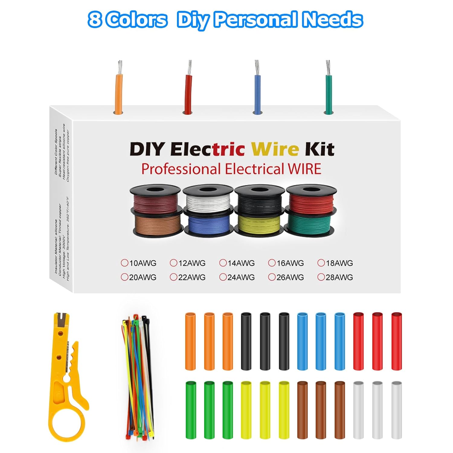 26 AWG Silikondrahtspulen-Set, verzinntes Kupferlitzenkabel, 3–15 m pro Rolle × 8 Farben, flexibler Anschlussdraht für LED-Lichtstreifen, RC-Modelle, DIY-Elektronik