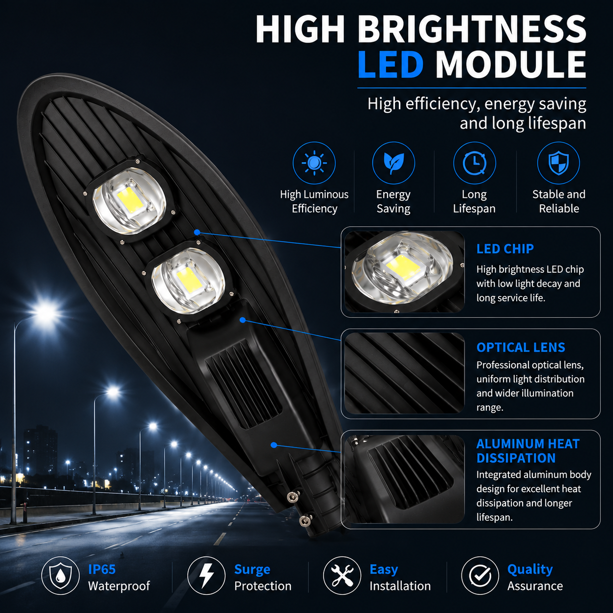 100W LED Street Light Outdoor Road Lamp with 2 High Brightness LED Modules, IP65 Waterproof Die-Cast Aluminum Housing, Energy Saving Parking Lot & Highway Lighting Fixture