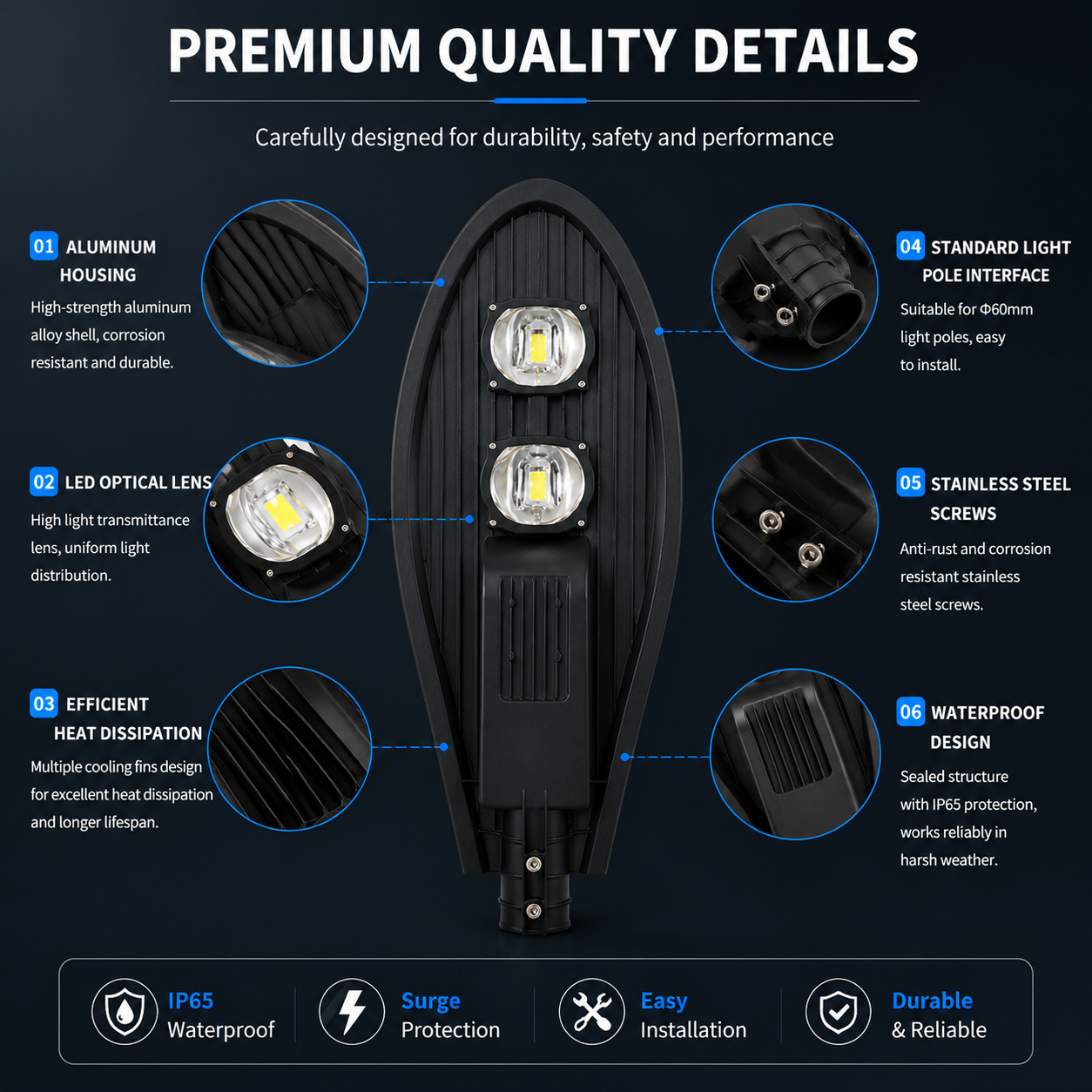 100W LED Street Light Outdoor Road Lamp with 2 High Brightness LED Modules, IP65 Waterproof Die-Cast Aluminum Housing, Energy Saving Parking Lot & Highway Lighting Fixture